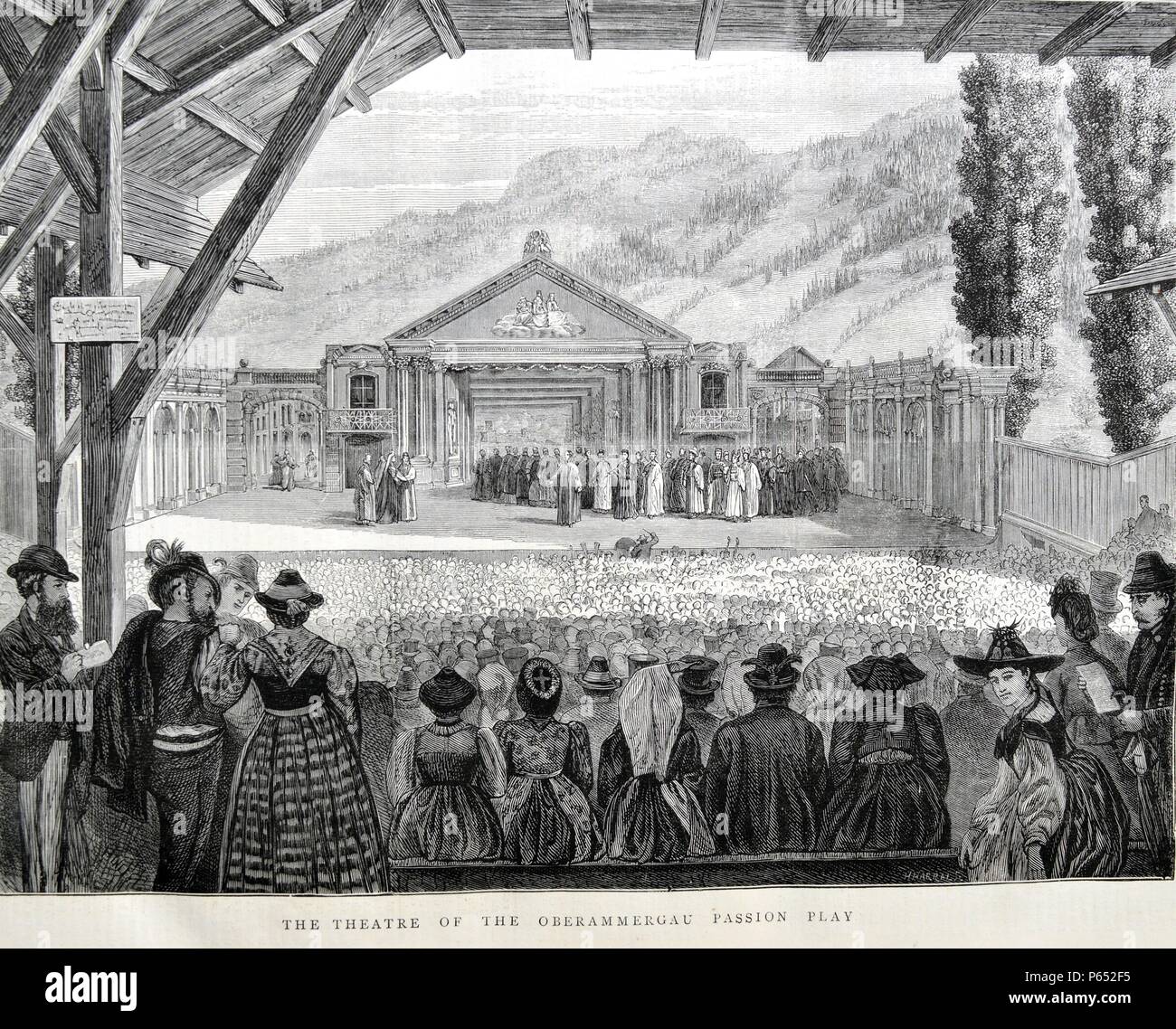 Das Theater der Oberammergauer Passionsspiele. Ein Passionsspiel ist eine dramatische Darstellung mit der Darstellung der Passion Jesu Christi: sein Versuch, das Leiden und den Tod. Der Antisemitismus war prominent in Leidenschaft spielt. Vom 1870 Stockfoto