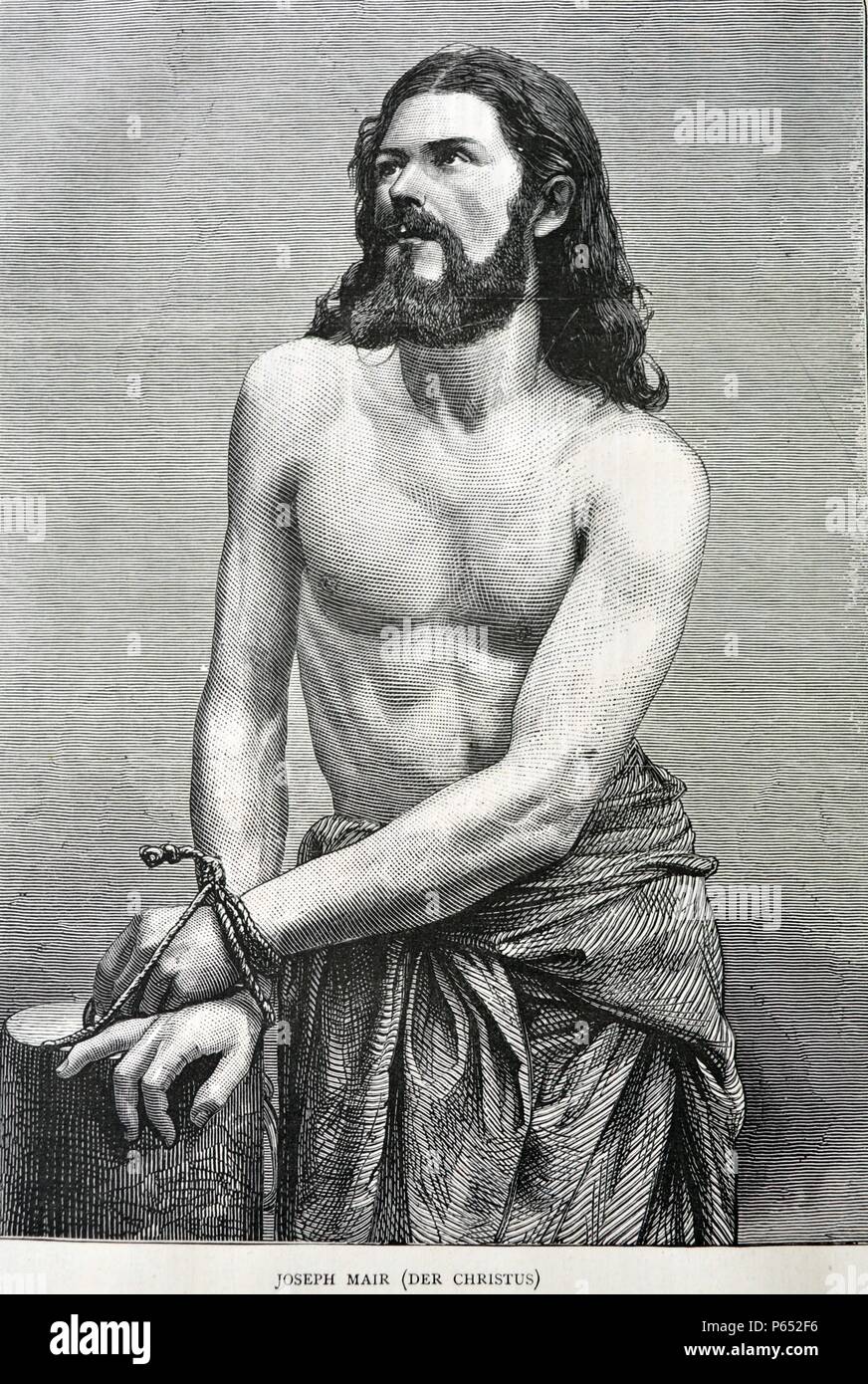 Josef Mair, wie Jesus Christus für die Oberammergauer Passionsspiele. Ein Passionsspiel ist eine dramatische Darstellung mit der Darstellung der Passion Jesu Christi: sein Versuch, das Leiden und den Tod. Der Antisemitismus war prominent in Leidenschaft spielt. Vom 1870 Stockfoto