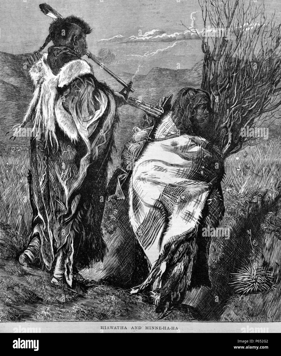 Stich zeigt zwei Indianer, Hiawatha und Minne.Ha.Ha. Hiawatha sieht man durch eine lange Pfeife rauchen. Vom 1870 Stockfoto