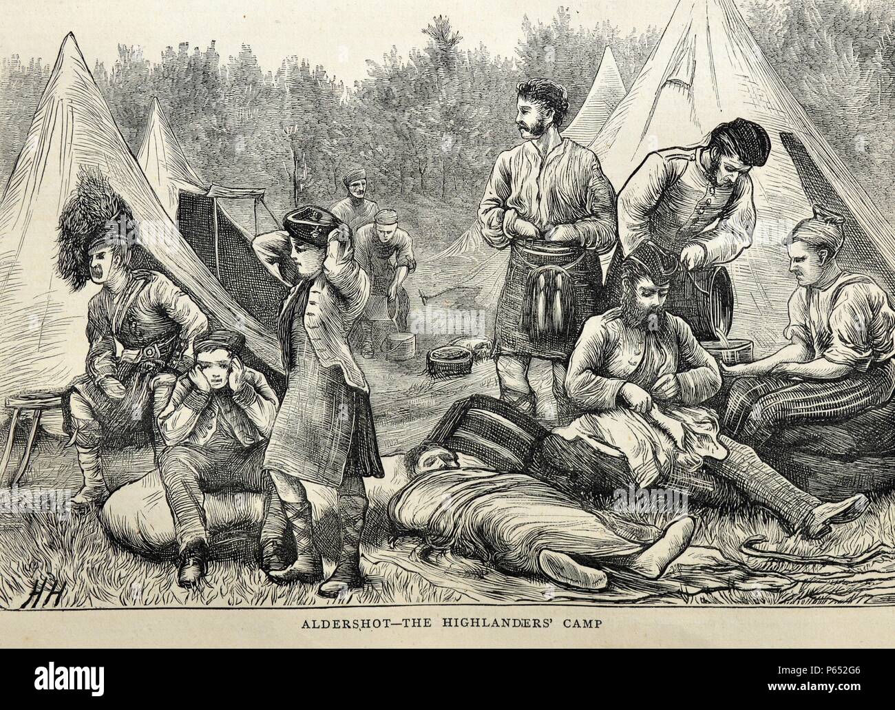 Stich zeigt Soldaten und junge Boys die Highlanders Camp in Aldershot. Vom 1870 Stockfoto