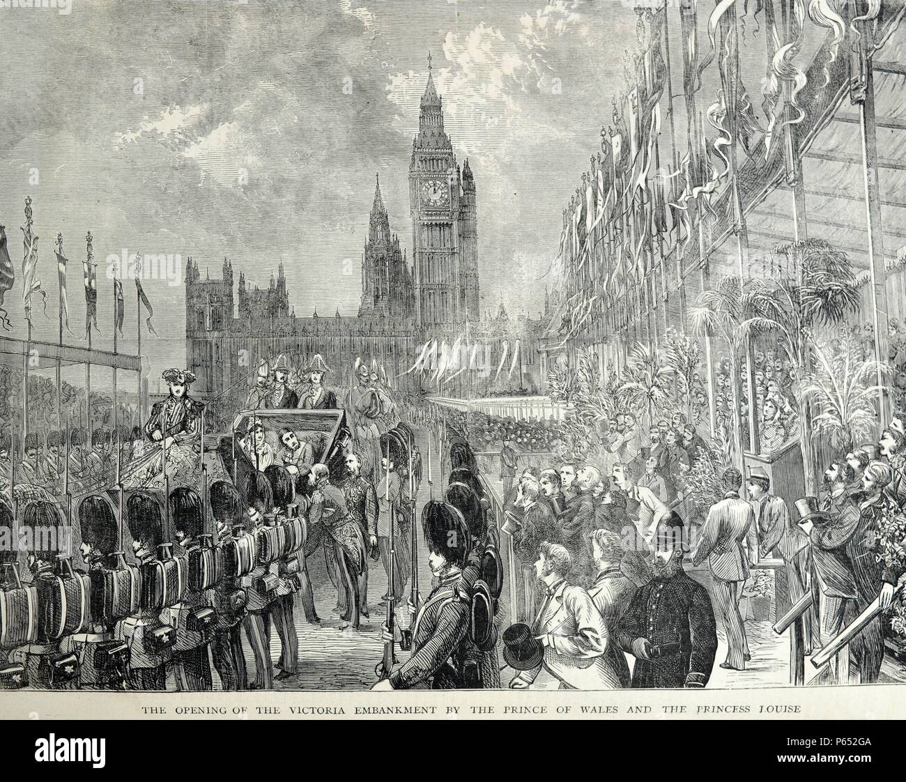 Gravur der Eröffnung der Victoria Embankment vom Prinzen von Wales (Edward VII (1841 - 1910) und der Prinzessin Louise (Louise Victoria Alexandra Dagmar (1867 - 1931). Vom 1870 Stockfoto