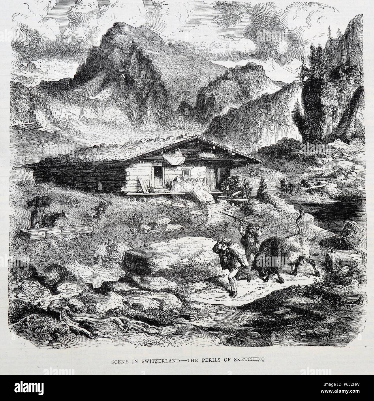 Stich zeigt eine Skizze angegriffen von einem Stier in der Schweiz. Vom 1870 Stockfoto