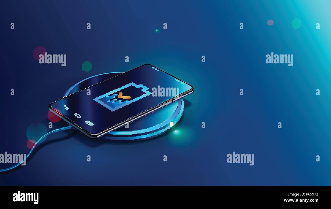 Schwarz, Smart Phone auf drahtlosen Ladegerät auf blauem Hintergrund. Symbol Batterie und des Fortschritts Beleuchtung auf dem Bildschirm smart phone. Isometrische Vector Illustration Stock Vektor