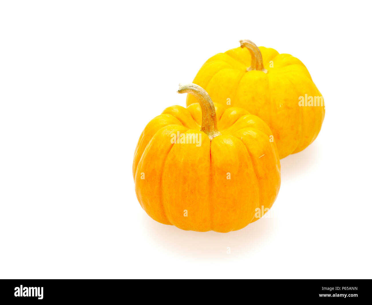 Zwei orange Kürbisse in Groß und Klein auf weißem Hintergrund zeigen bunte Muster und Ausmaß im Halloween verwendet, Stillleben, Küche isoliert, und vergleich Themen Stockfoto