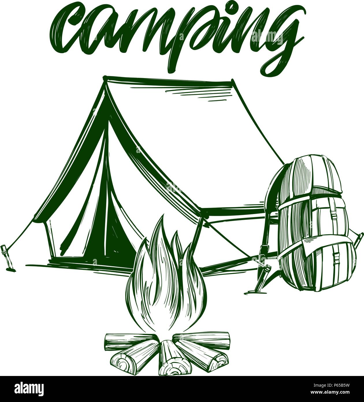 Fire Emblem, Ruhe in den Wald, camping Hand gezeichnet Vektor-illustration realistische Skizze Stock Vektor