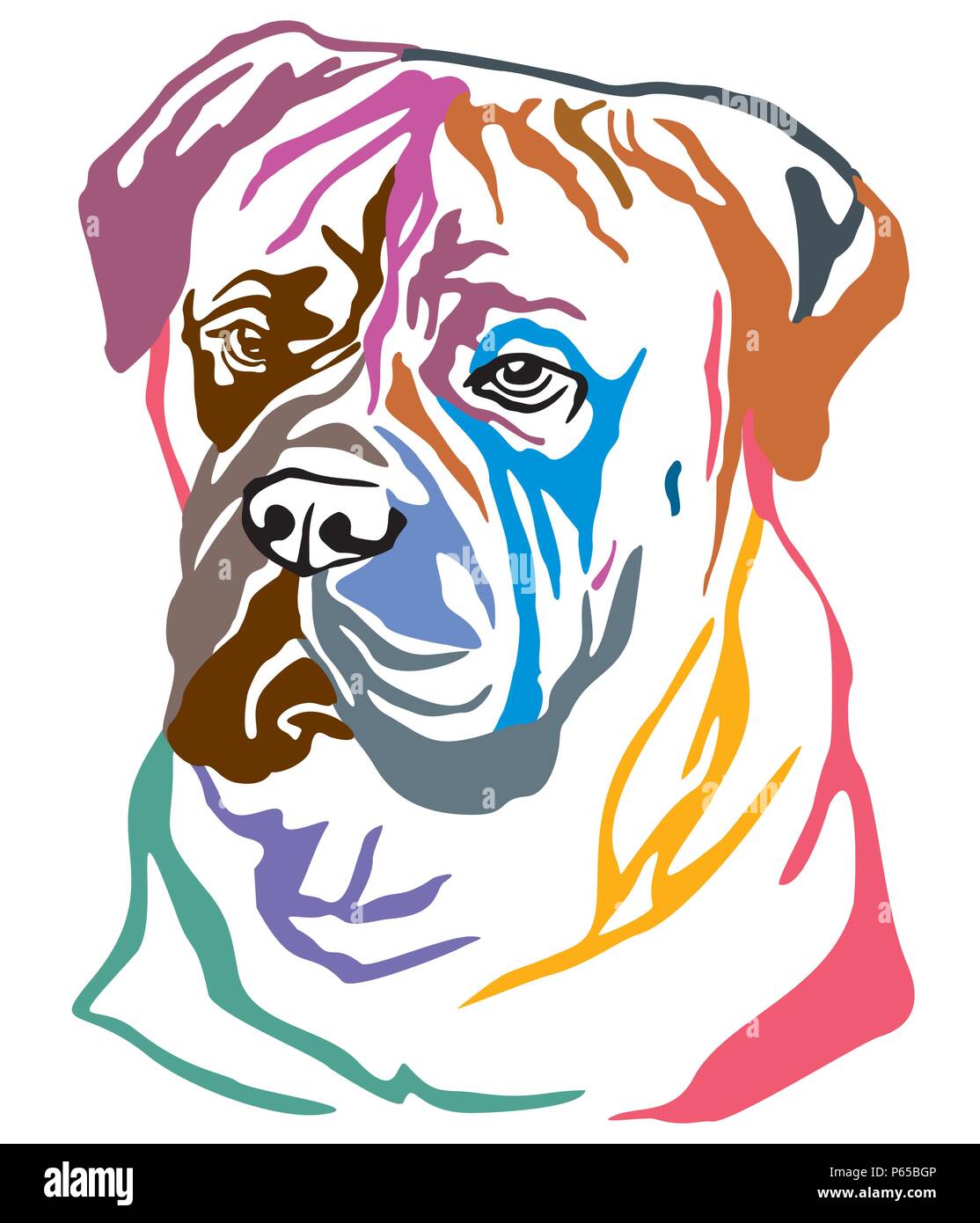 Bunt dekorativ Portrait von Hunde Bullmastiff, Vector Illustration in verschiedenen Farben auf weißem Hintergrund. Bild für Design und Tattoo. Stock Vektor
