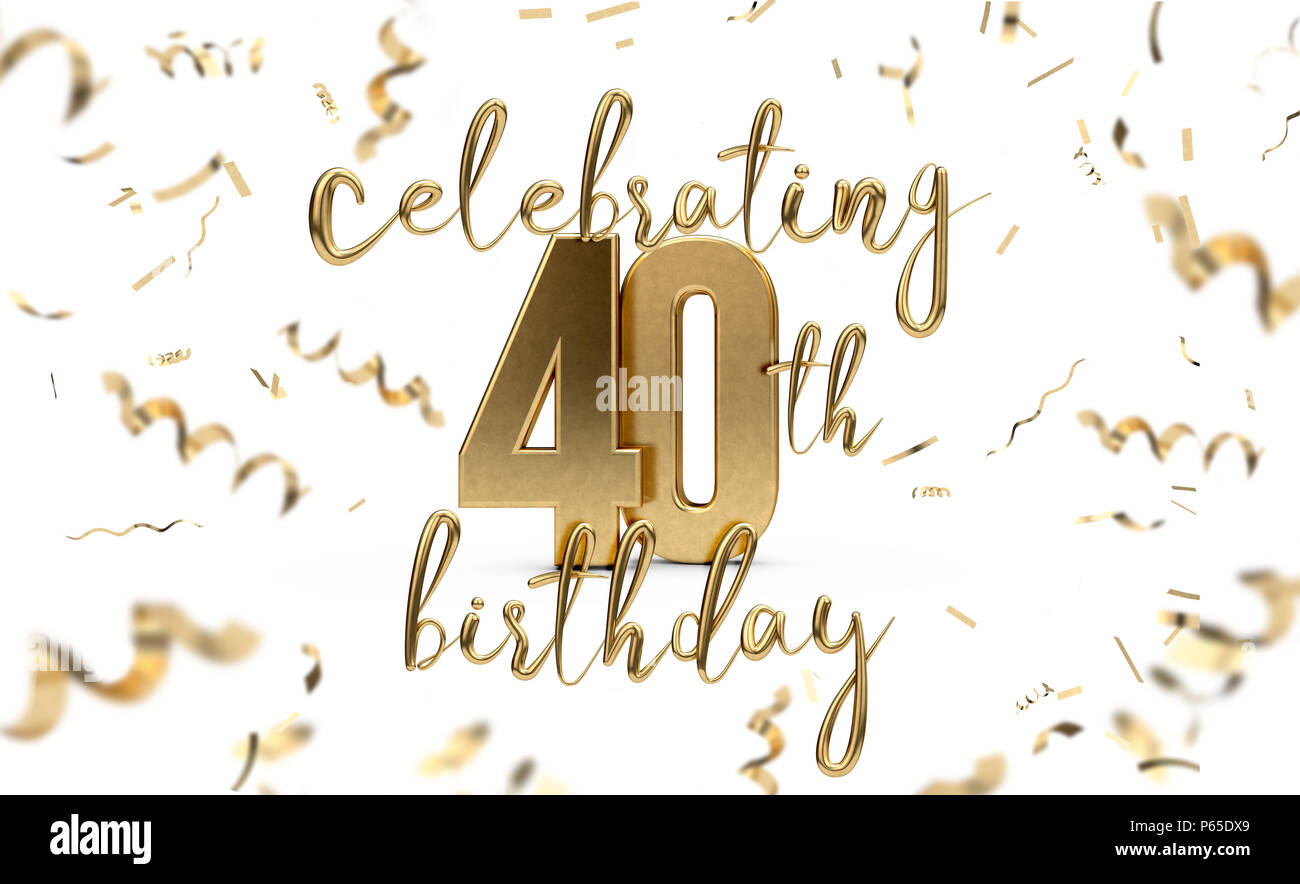 Feiern 40. Geburtstag gold Grußkarte mit Konfetti. 3D-Rendering Stockfoto