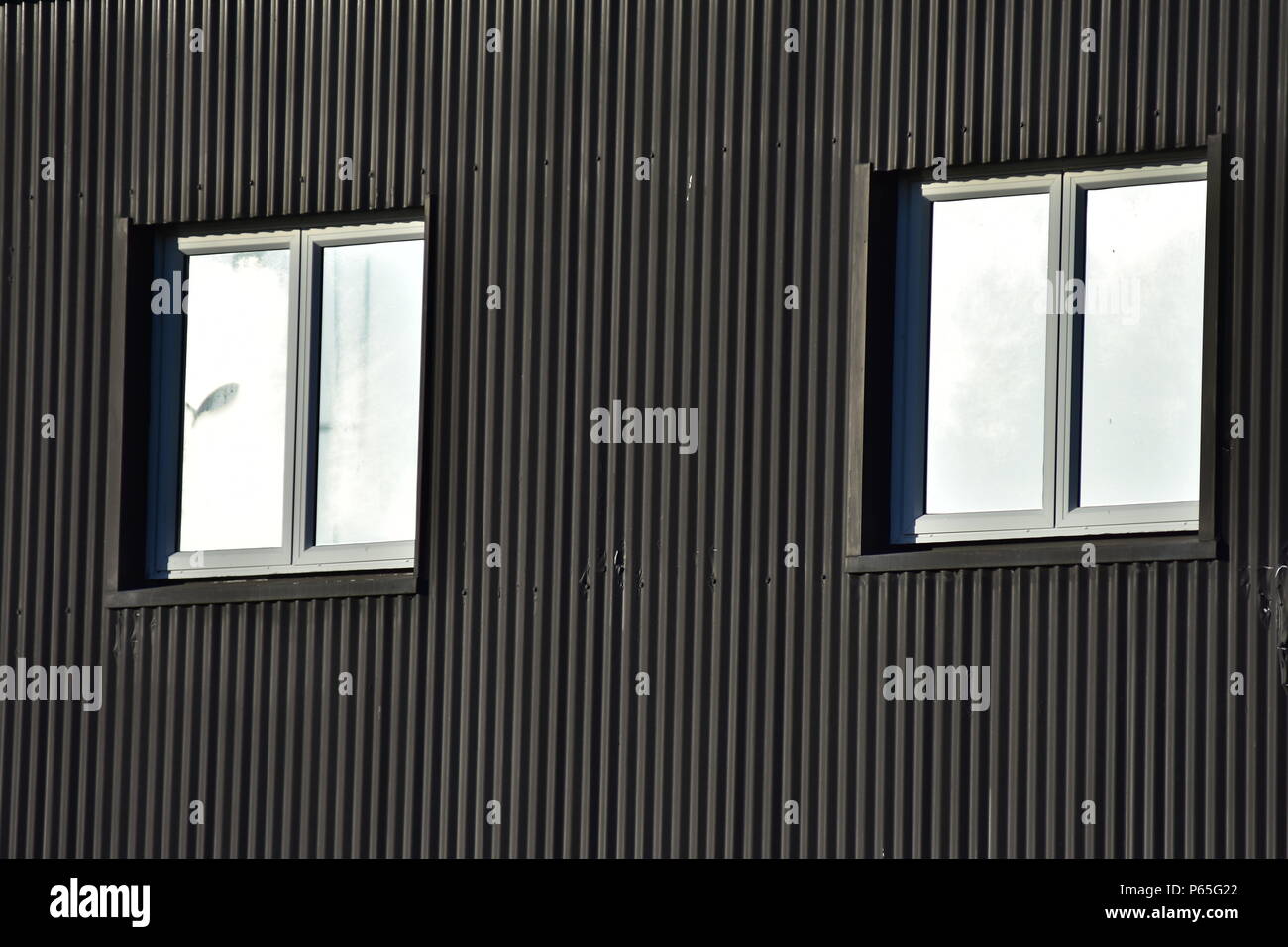 Zwei Fenster auf dunklen Außenwand aus Wellblech Stockfoto, Bild