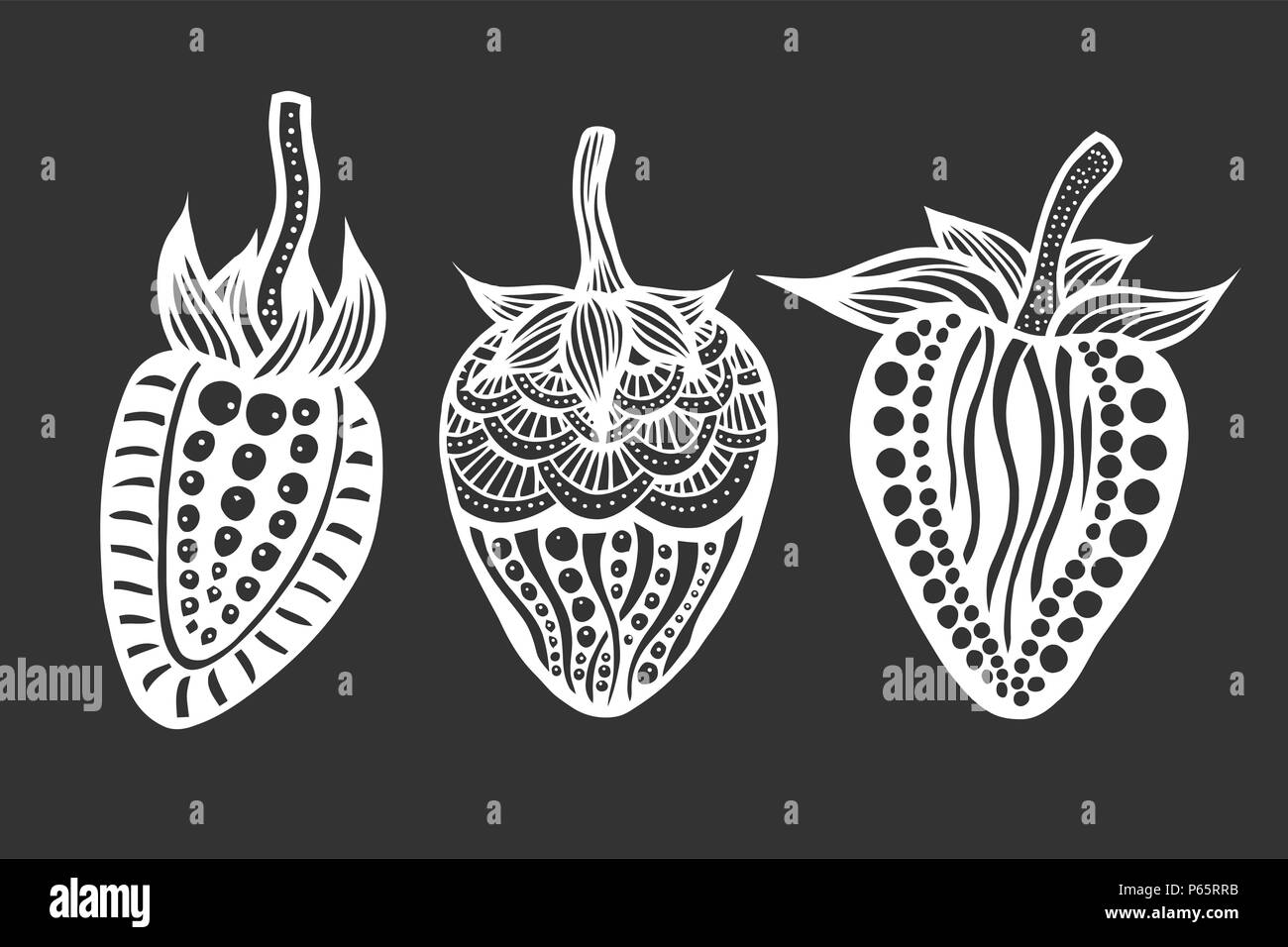 Einstellen der Erdbeere Schwarz und Weiß. Von Hand gezeichnet, Doodle, Vektor. Durch die von der Skizze trace gemacht. Malbuch Seite für Erwachsene. Granat Obst. Stock Vektor