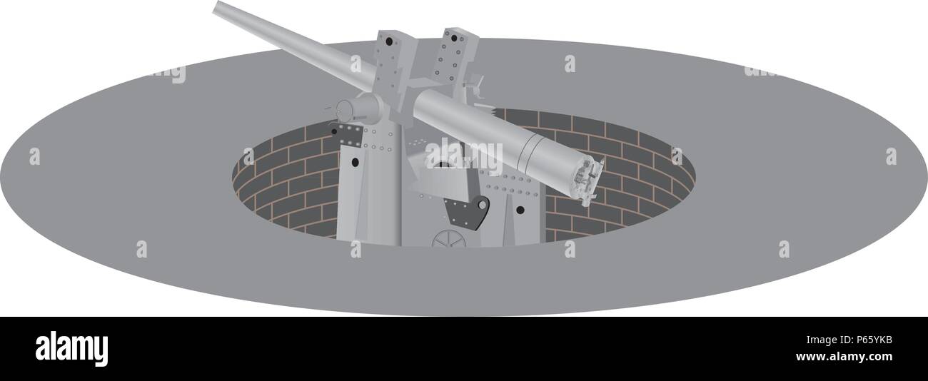 Ein Grau lackiert Weltkrieg zwei englischen Küsten- schnelle Zündung lange Kanonen in Beton und Stein Geschützstellung isoliert auf weißem Stock Vektor