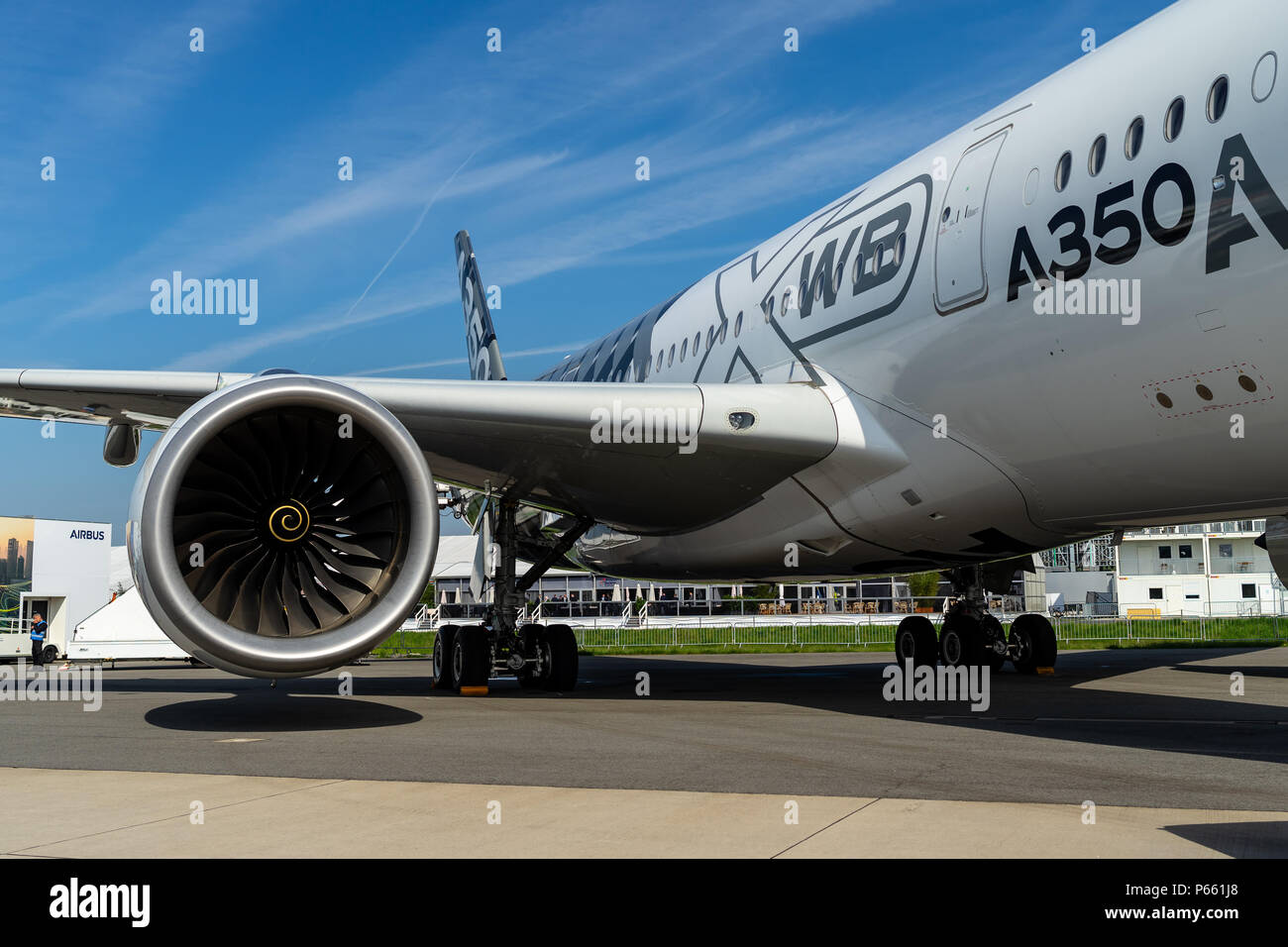 BERLIN, 27. APRIL 2018: Turbofan Engine des Airbus A350-900 XWB. Ausstellung die ILA Berlin Air Show 2018 Stockfoto