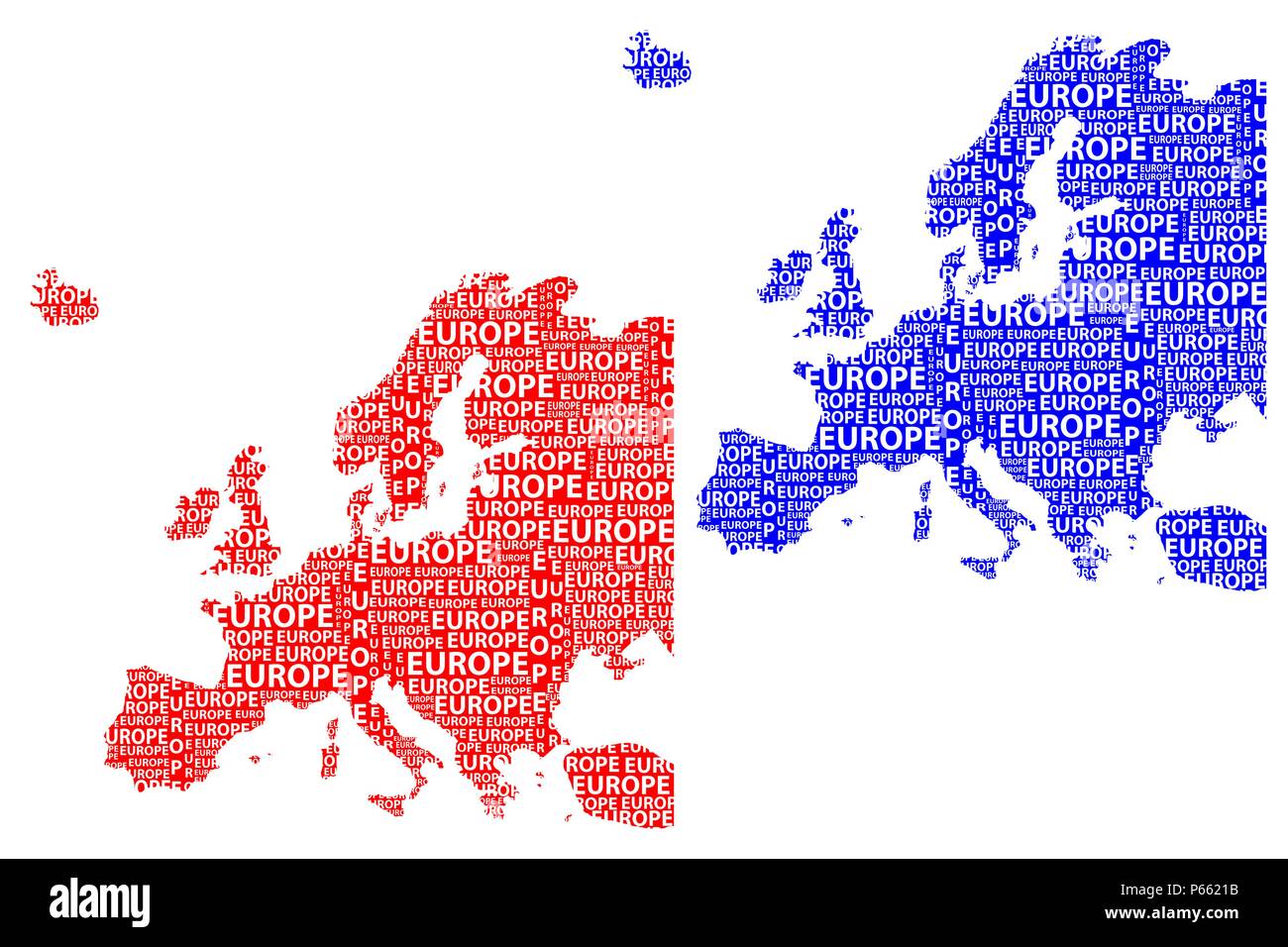 Skizze Europa schreiben Text Kontinent, Europa Wort - in der Form des Kontinents, Karte von Kontinent Europa - Rot und Blau Vector Illustration Stock Vektor
