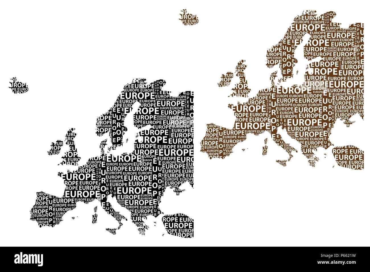Skizze Europa schreiben Text Kontinent, Europa Wort - in der Form des Kontinents, Karte von Kontinent Europa - braun und schwarz Vector Illustration Stock Vektor
