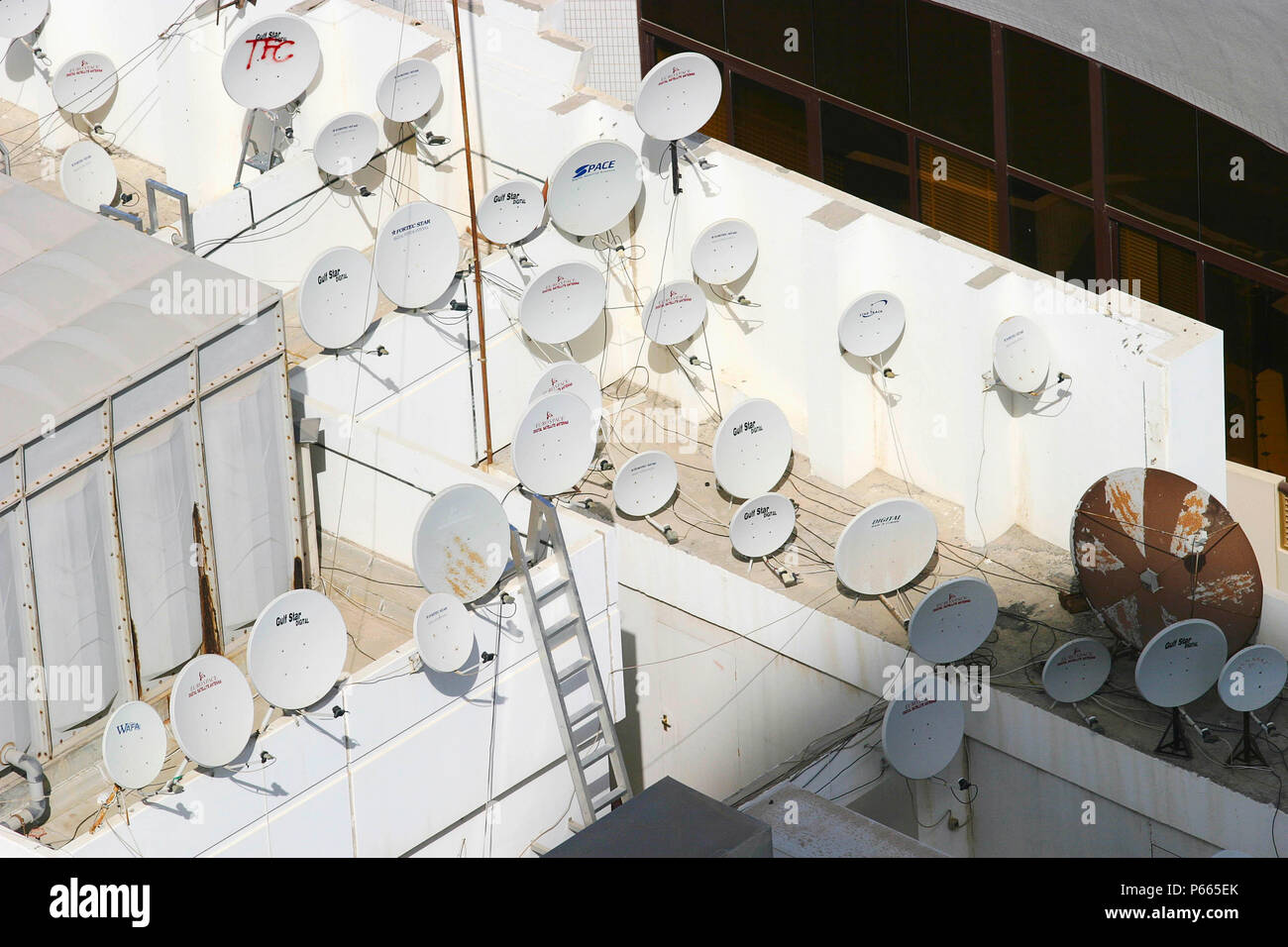 Satellitenschüsseln auf den Dächern in Abu Dhabi Stockfoto