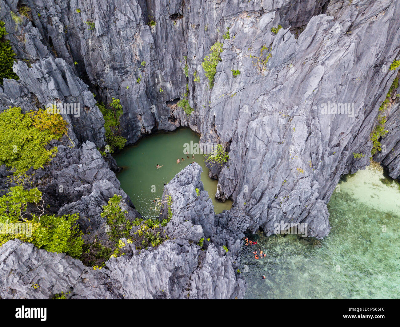 Antenne drone Ansicht der Schwimmer im Inneren eine kleine versteckte tropische Lagune umgeben von Felsen (Geheime Lagune, von Miniloc, Palawan) Stockfoto