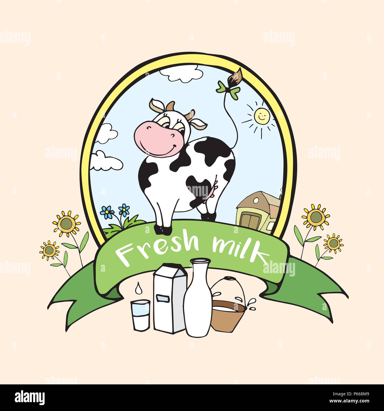 Positive, glückliche Kuh mit Milch, lustige Cartoon Banner oder Logo, Vektor, Abbildung Stock Vektor