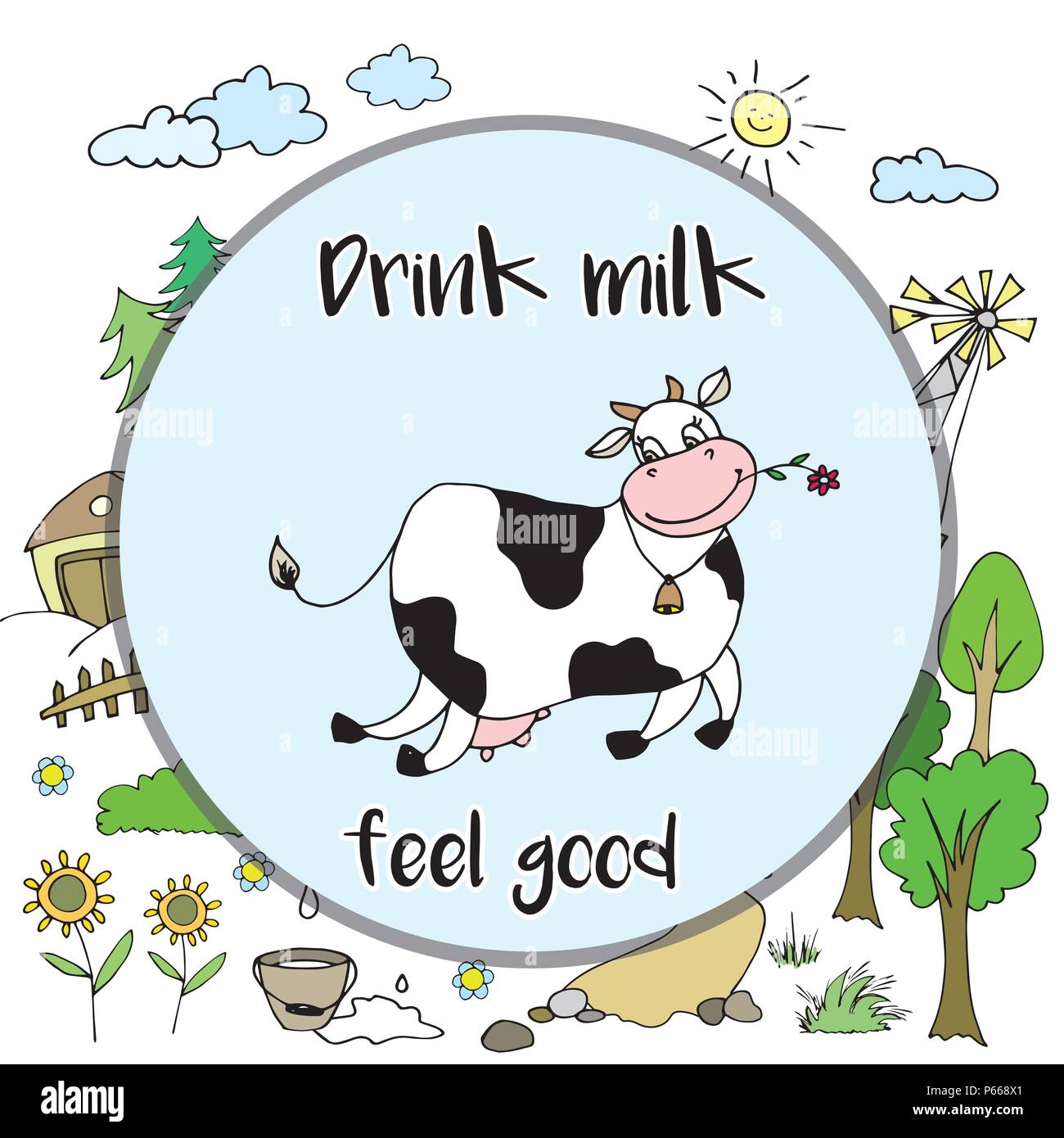 Positive, glückliche Kuh mit Milch, lustige Cartoon farm Hintergrund, Vector Illustration Stock Vektor