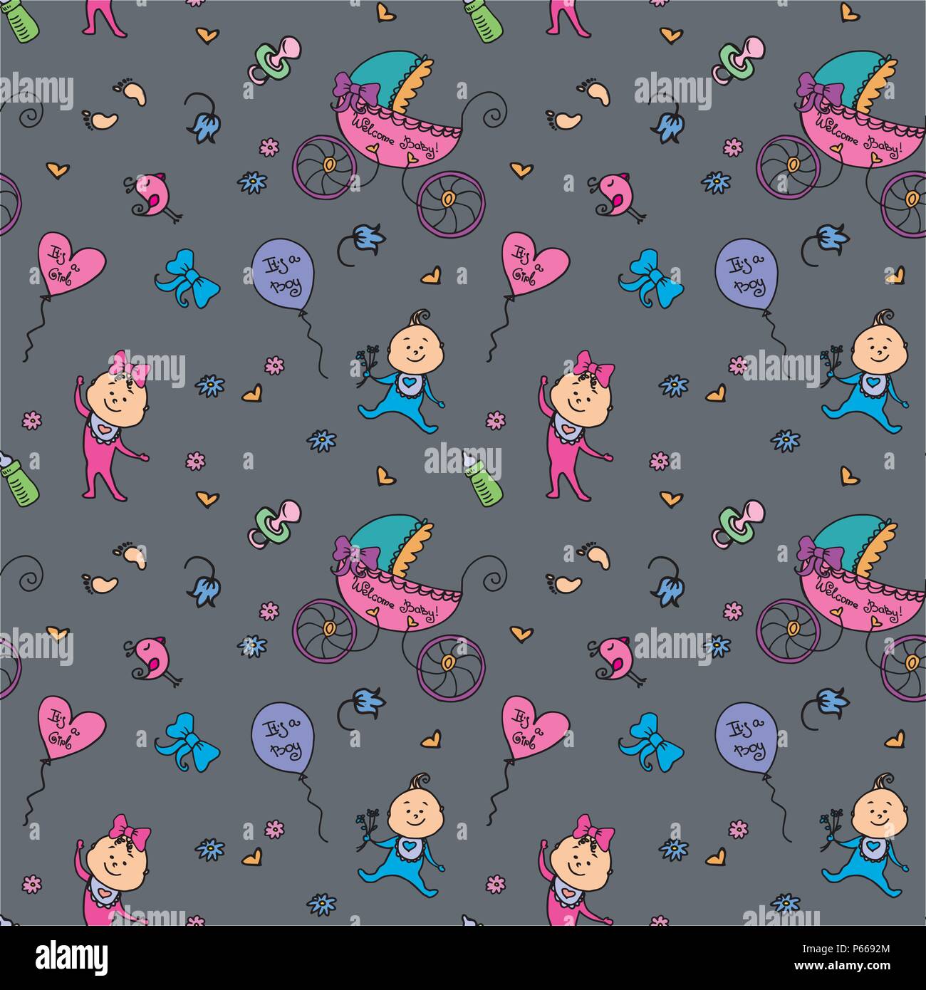 Vektor nahtlose Muster mit Baby Elemente. Neugeborene Zubehör wiederholen Hintergrund in doodle Style für Textilwaren Stock Vektor