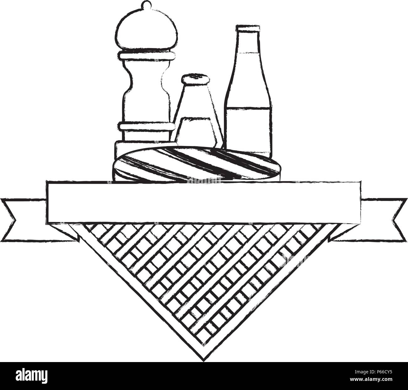 Picknick Emblem mit Fleisch Steak und Sauce Flaschen mit weißem Hintergrund, Vector Illustration Stock Vektor