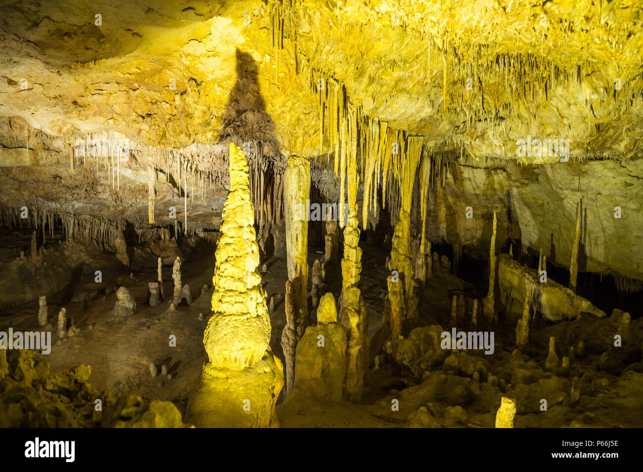 Mallorca, viele alte Stalagmit Kalksteinformationen Stalagtiten berühren, die in den Höhlen von Drach Stockfoto