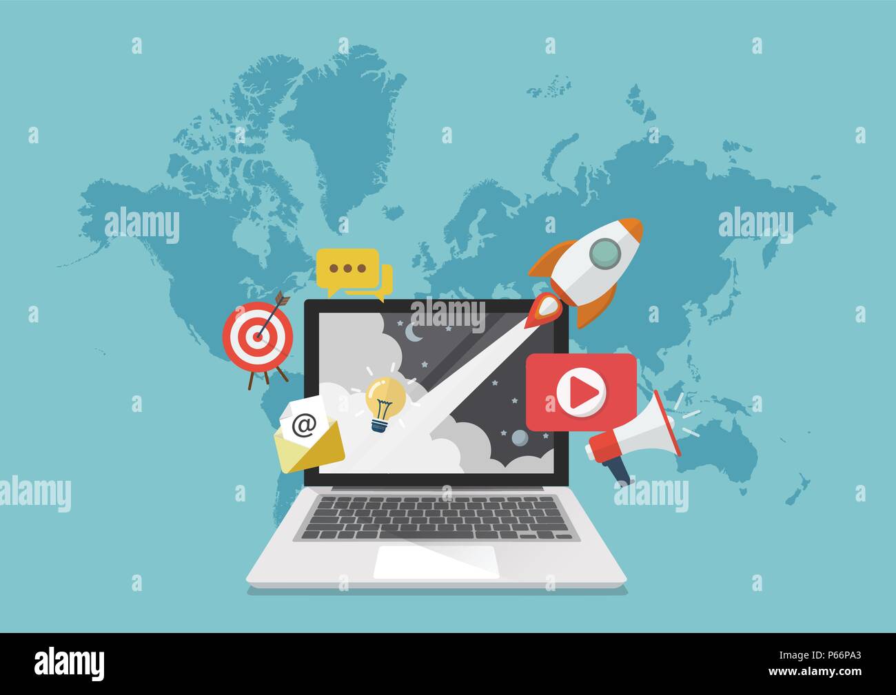 Digitales Marketing Konzept mit Weltkarte Hintergrund. Vector Illustration Stock Vektor