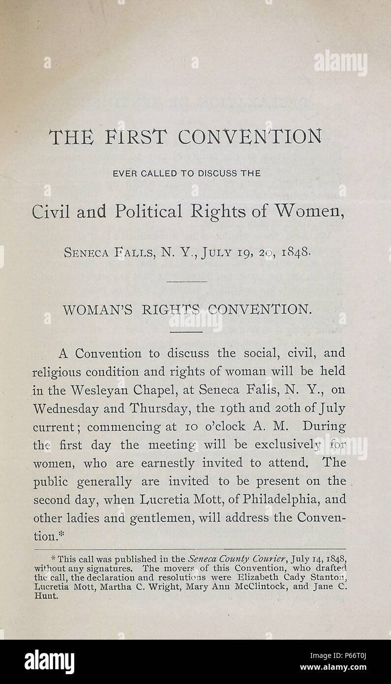 Erste Konvention zu diskutieren, der Bürgerlichen und Politischen Rechte der Frauen, wurde in Seneca Falls, New York, am 19. Juli, 20, 1848. Dies ist der erste Druck des 1848 Bericht. Die Broschüre Nachdrucken "Cal", zuerst veröffentlicht im Juli 14, 1848. Von Elizabeth Cady Stanton's Vorträge Stockfoto