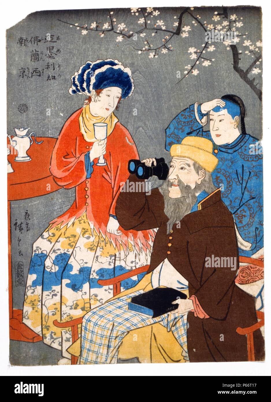 Amerika, Furansu, Nankin (Amerikanisch, Französisch, Chinesisch). Von Utagawa Hiroshige 1826?-1869, japanischer Künstler. 1860. Japanische Drucken zeigt drei Zuschauer anzeigen Ein unsichtbares Objekt oder Ereignis: eine Frau mit einem trinkgefäß sitzt neben einem Mann den Blick durch ein Fernglas und ein Chinesischer Mann berührt den Kopf. Stockfoto