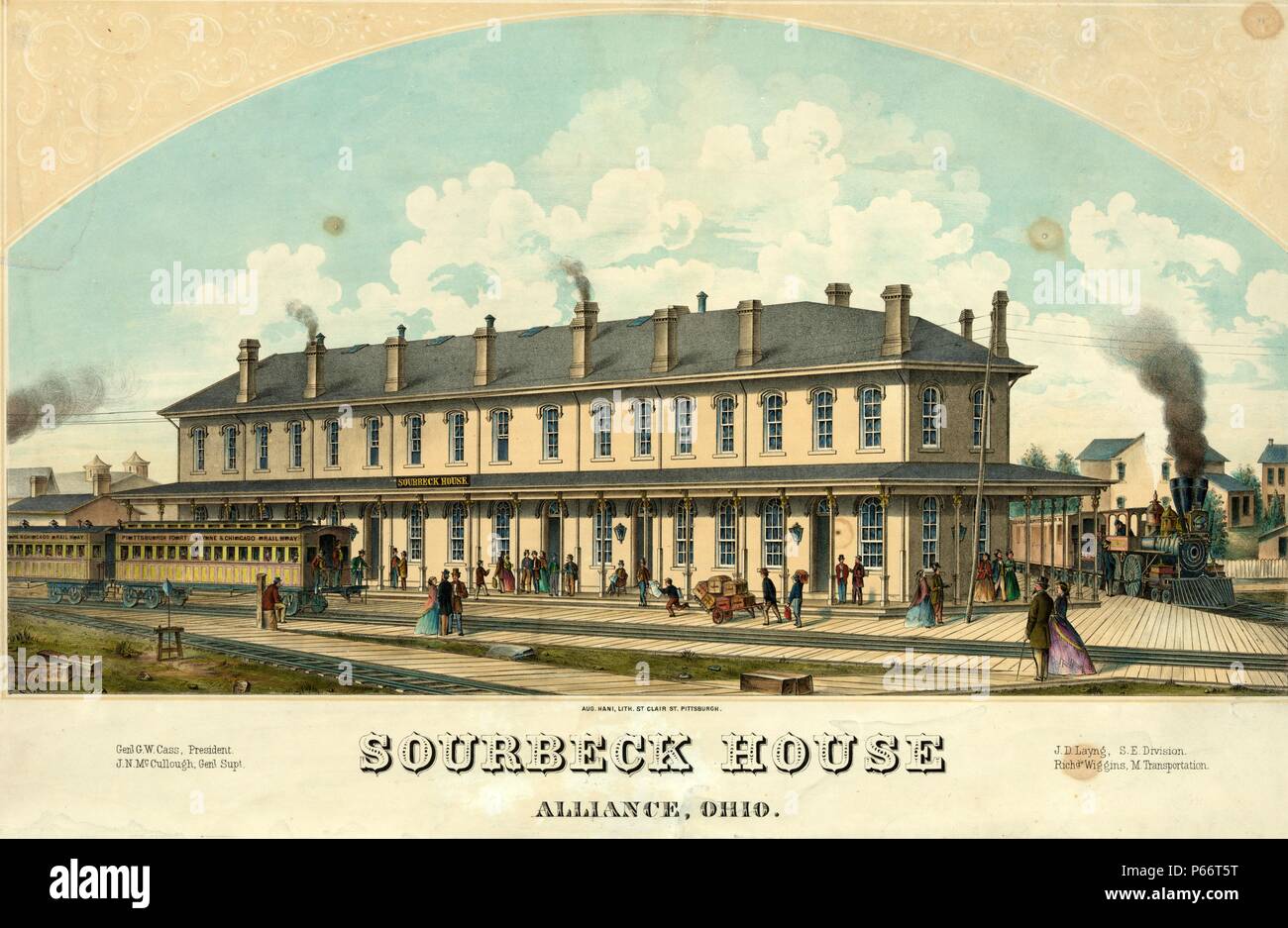 1797-1858 Drucken zeigt eine Außenansicht des Sourbeck Haus Bahnhof mit Pkw für die Pittsburgh, Fort Wayne and Chicago Rail Way auf einer Spur und eine Lokomotive für die Cleveland & Pittsburgh R.W. auf einem anderen Track, und Fußgänger und Fahrgäste vor. Stockfoto