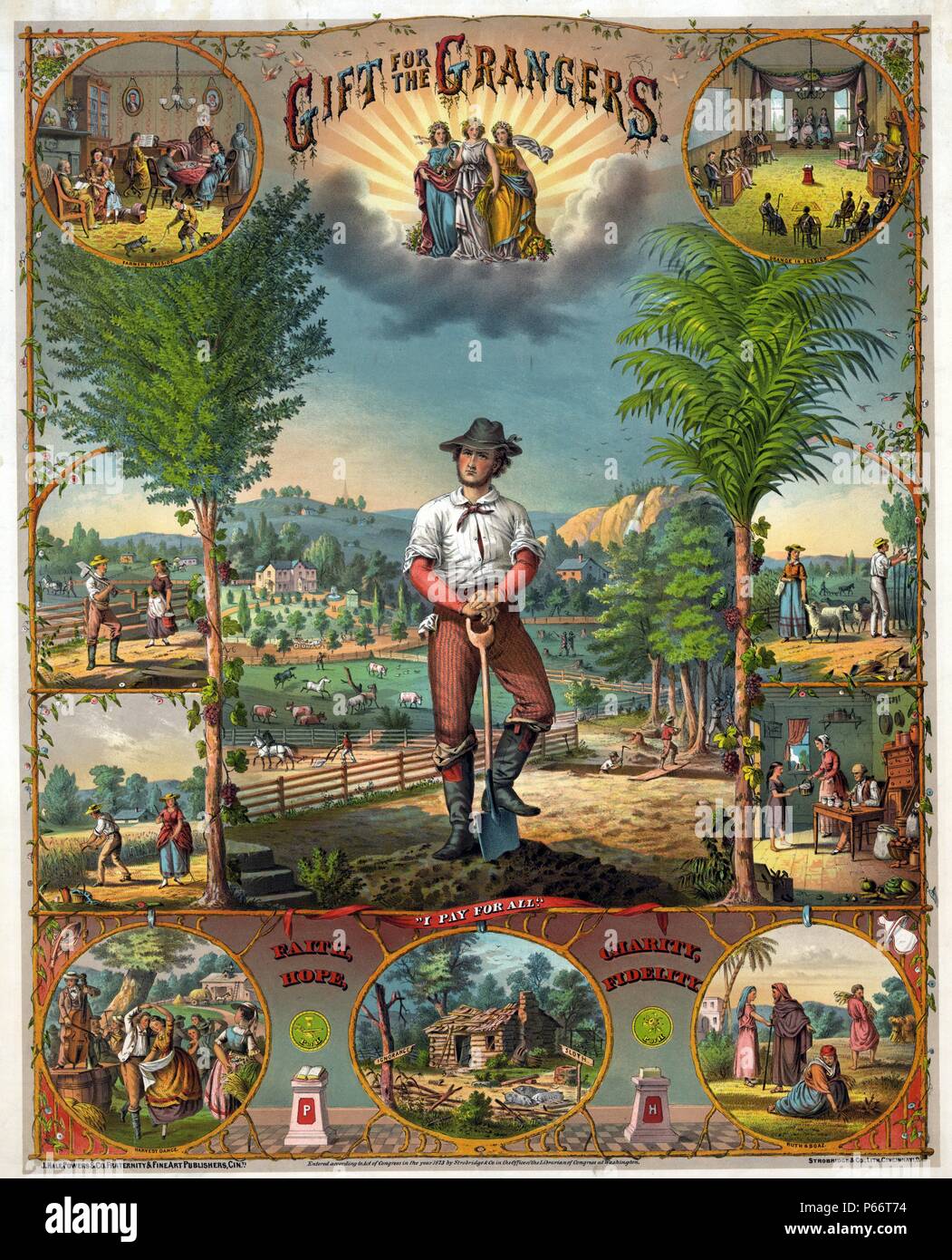 Geschenk für die grangers c 1873. chromolithograph. Werbeartikel drucken für Grange Mitglieder mit Szenen der Landwirtschaft und das Leben auf dem Bauernhof. Stockfoto