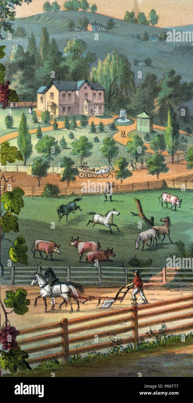 Geschenk für die grangers c 1873. chromolithograph. Werbeartikel drucken für Grange Mitglieder mit Szenen der Landwirtschaft und das Leben auf dem Bauernhof. Stockfoto