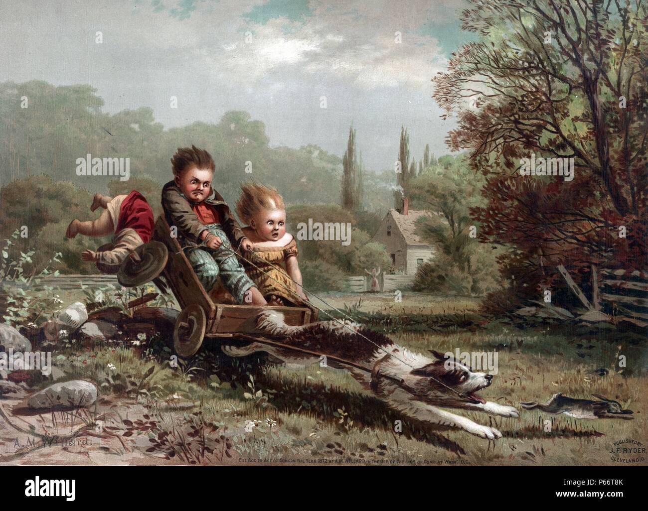 Kinder, die auf einem runaway Warenkorb von Archibald Willard, 1836-1918, Künstler. Veröffentlicht von J.F. Ryder, c 1873. zeigt einen kleinen Wagen zu einem Hund, der auf der Jagd nach einem Kaninchen; zwei Kinder sind in den Wagen, ein Drittel hat prallte, als der Fahrer versucht, die Kontrolle über den Hund wieder zu erlangen. Stockfoto