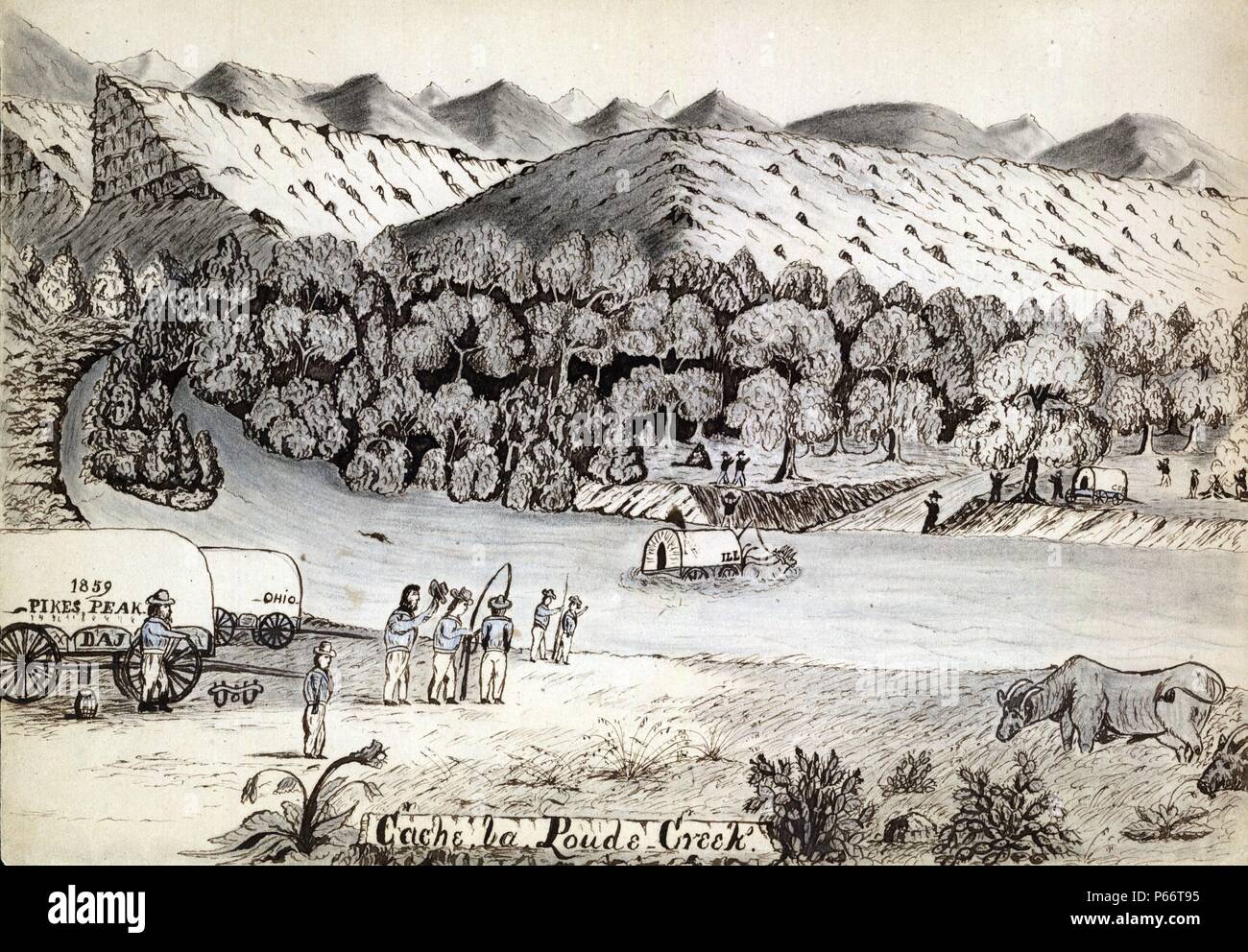Cache la Poudre Creek von Daniel Jenks, 1827-1869, Künstler: 1859. Zeichnung zeigt ein Planwagen, mit der Aufschrift "krank", Von zwei Ochsen, die einen Fluß überquert, in die Berge getrieben. Auf der anderen Seite des Flusses sind zwei Männer, die durch ein Feuer, ein Planwagen und stehende Männer und deutete auf den Wagen in der Mitte des Flusses. Auf der in der Nähe der Ufer Männer neben.500 Wagen stehen, eine mit der Aufschrift "Ohio", die anderen, '1859 Pikes Peak." Ochs weidet rechts unten. Dieser Strom ist in der Nähe der heutigen Ft. Collins, Colorado. Jenks Angekommen im Camp 52 am Montag, 30. Mai 1859. Stockfoto