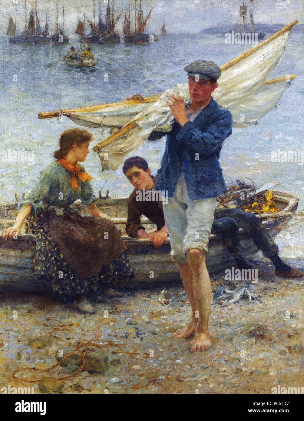 "Rückkehr von der Fischerei" Gemälde von Henry Scott Tuke, (1858-1929), englischer Maler und Fotograf. Seine wichtigste Arbeit war im impressionistischen Stil, der für seine Gemälde von jungen Männern bekannt. 1907 Stockfoto