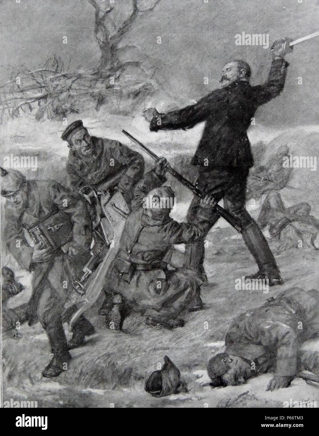 Französische Offizier schwingt das Schwert, während er weg jagt Deutschen gunners aus einem Maschinengewehr Position in Frankreich. 1914 Stockfoto