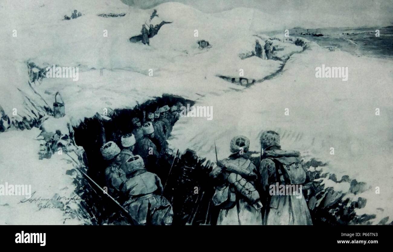Weltkrieg ein russischer Truppen durch einen schneebedeckten Graben in Galizien voraus. Die Schlacht von Galicien war ein großer Kampf zwischen Rußland und Österreich-ungarn in der Frühphase des Ersten Weltkriegs im Jahr 1914. Im Laufe der Schlacht, die österreichisch-ungarischen Truppen wurden schwer geschlagen und aus Galicien gezwungen, während die Russen Lemberg erfasst und - für etwa neun Monate, ordnete Ostgalizien. Stockfoto