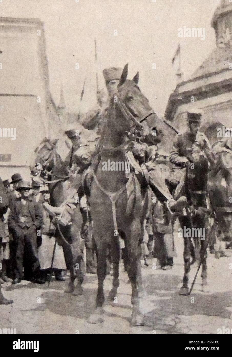 Weltkrieg; die Kräfte der Deutschen Kavallerie geben Sie die belgische Stadt Spa, 4. August 1914 Stockfoto