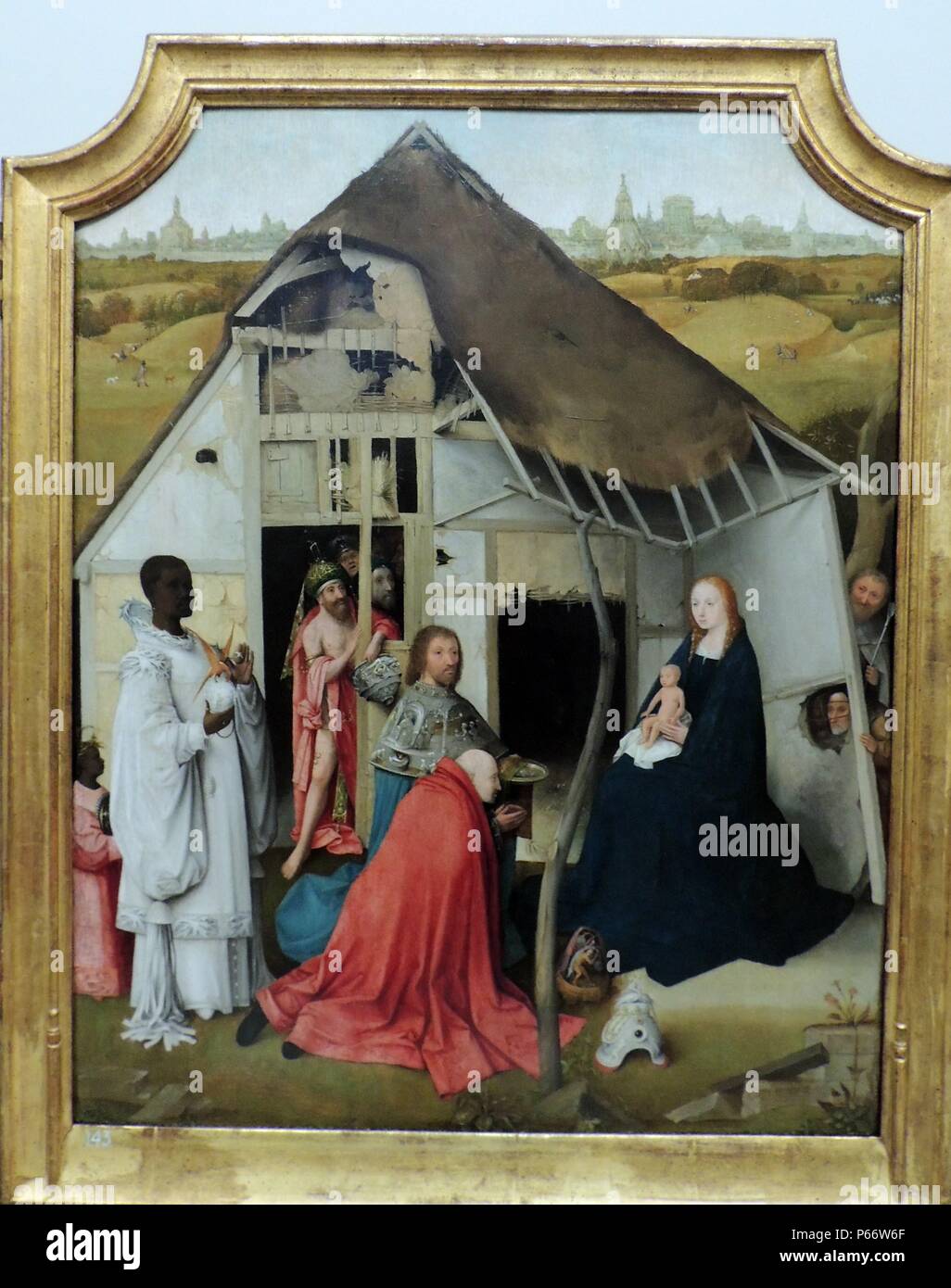Detail aus der Anbetung der Heiligen Drei Könige (Triptychon zugeschrieben, Hieronymus Bosch oder seinem Studio ca. 1450-1516. Teil der Kunstsammlung am Upton Haus in der englischen Grafschaft Warwickshire. Stockfoto