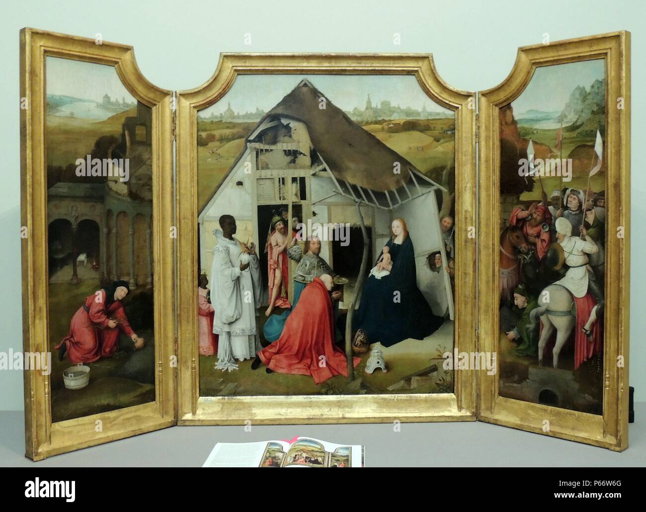 Detail aus der Anbetung der Heiligen Drei Könige (Triptychon zugeschrieben, Hieronymus Bosch oder seinem Studio ca. 1450-1516. Teil der Kunstsammlung am Upton Haus in der englischen Grafschaft Warwickshire. Stockfoto