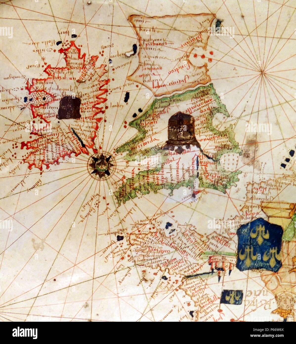 England und Irland in Jacopo Russo Karte der Welt des 16. Jahrhunderts ca. 1528 von der 'Carte Geografiche" (Vellum dargestellt). Stockfoto