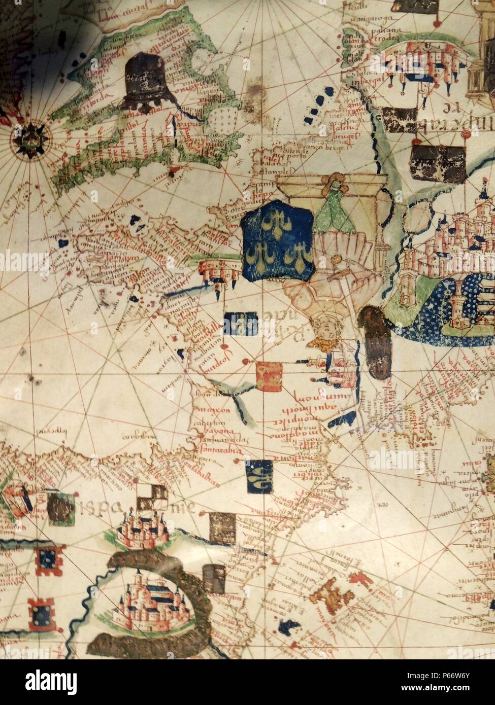 Frankreich im Jacopo Russo Karte der Welt des 16. Jahrhunderts ca. 1528 von der 'Carte Geografiche" (Vellum dargestellt). Stockfoto