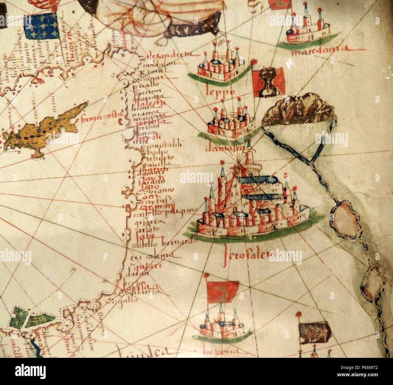 Palästina mit Jerusalem und Damaskus in Jacopo Russo Karte der Welt des 16. Jahrhunderts ca. 1528 von der 'Carte Geografiche" (Vellum dargestellt). Stockfoto