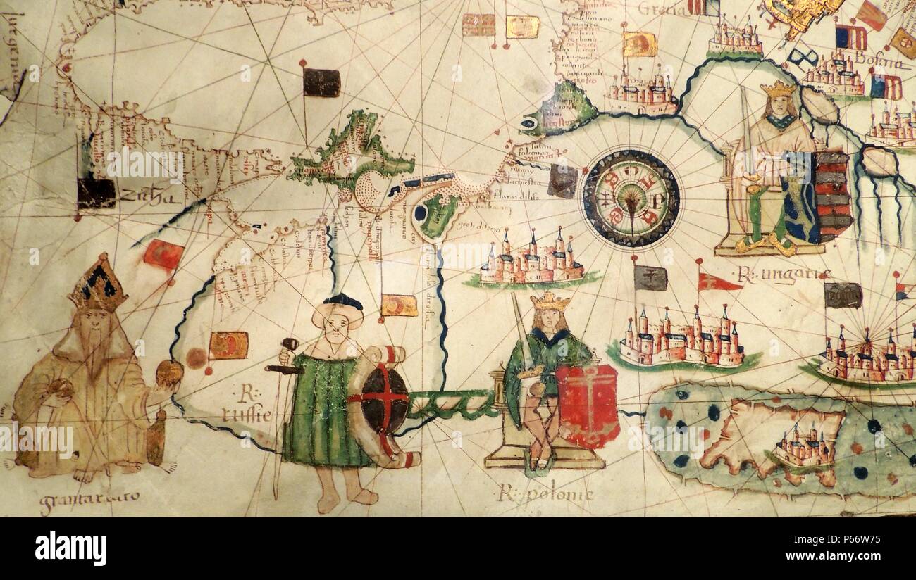 König von Ungarn in Jacopo Russo Karte der Welt des 16. Jahrhunderts ca. 1528 von der 'Carte Geografiche" (Vellum dargestellt). Stockfoto