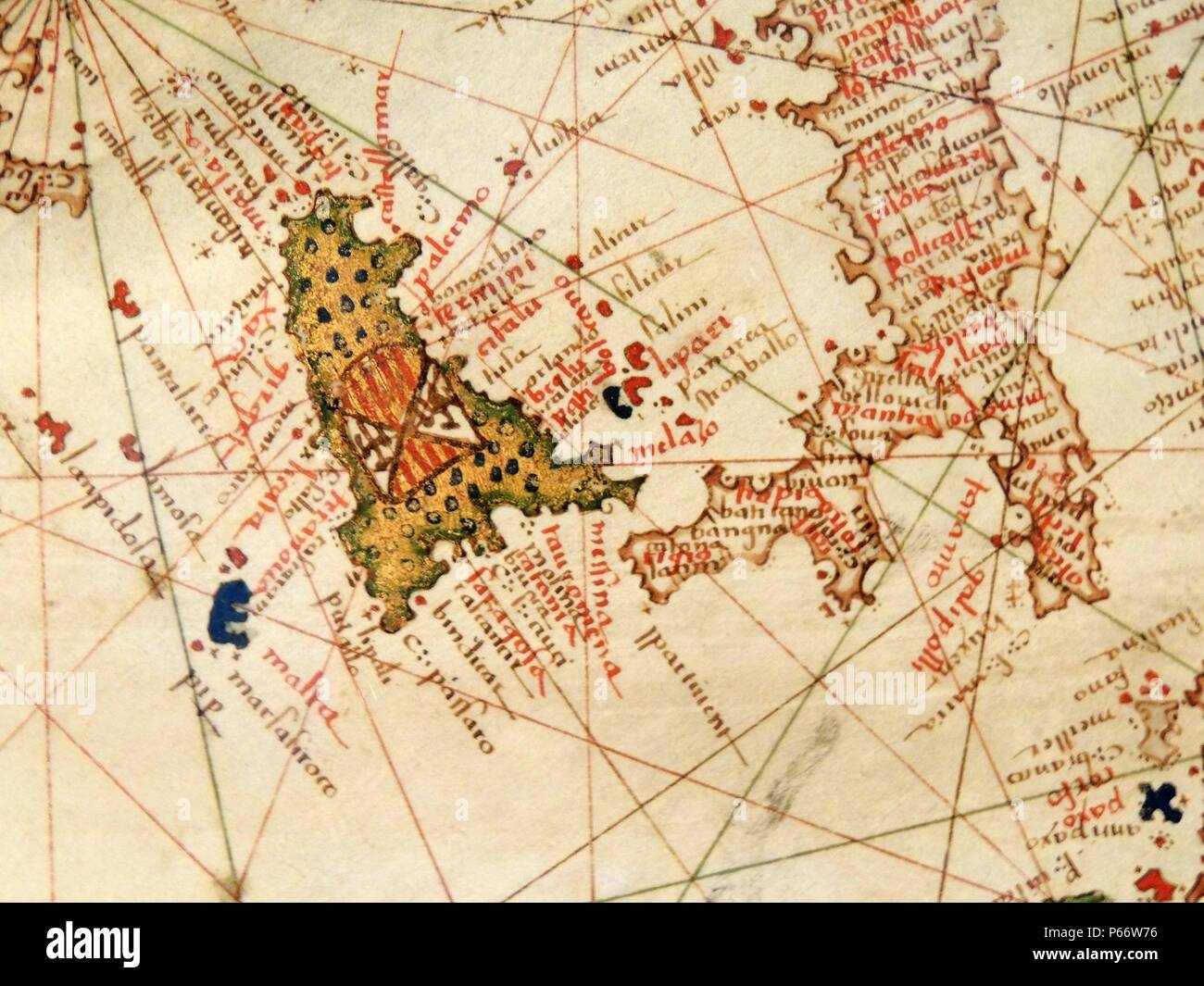Italien und Sizilien in Jacopo Russo Karte der Welt des 16. Jahrhunderts ca. 1528 von der 'Carte Geografiche" (Vellum dargestellt). Stockfoto