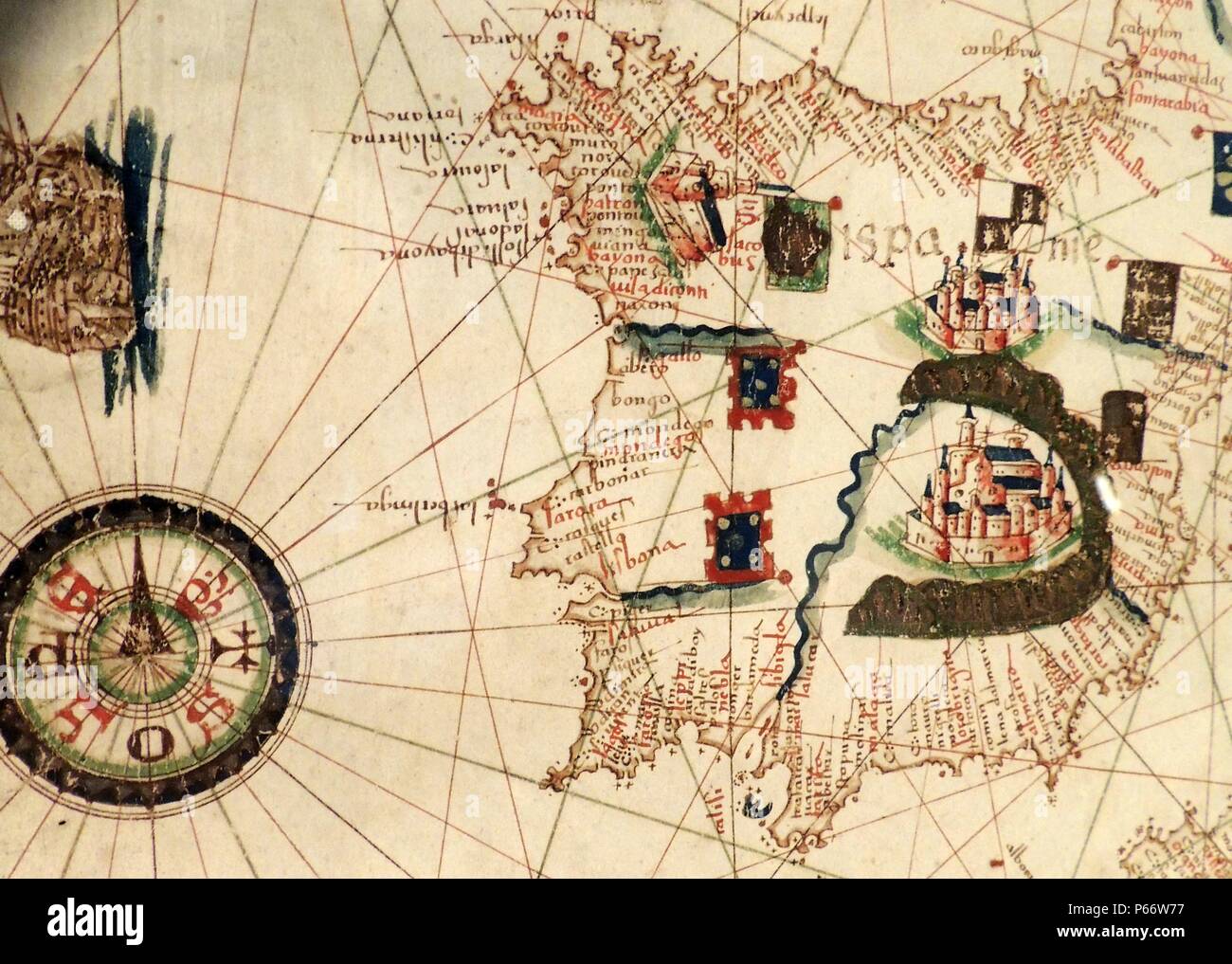Spanien und Portugal im Jacopo Russo Karte der Welt des 16. Jahrhunderts ca. 1528 von der 'Carte Geografiche" (Vellum dargestellt). Stockfoto