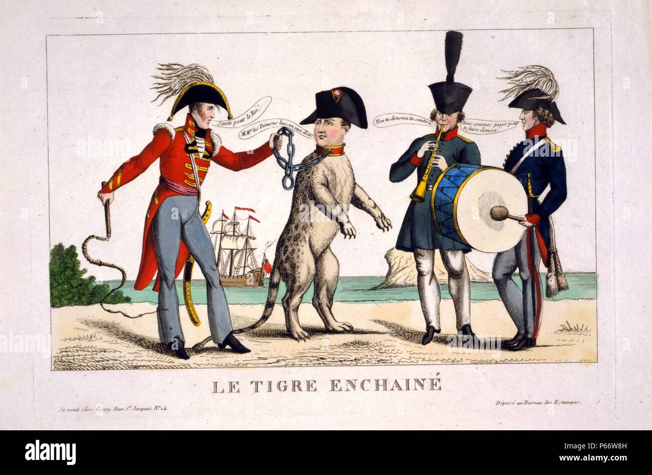 Le Tigre enchainé 1815. Cartoon zeigt Napoleon I wie ein Tiger in Ketten von einem britischen Offizier, der Inhaber einer Peitsche statt; zwei Männer, die Russland und Österreich spielen Musikinstrumente in der Nähe. Stockfoto