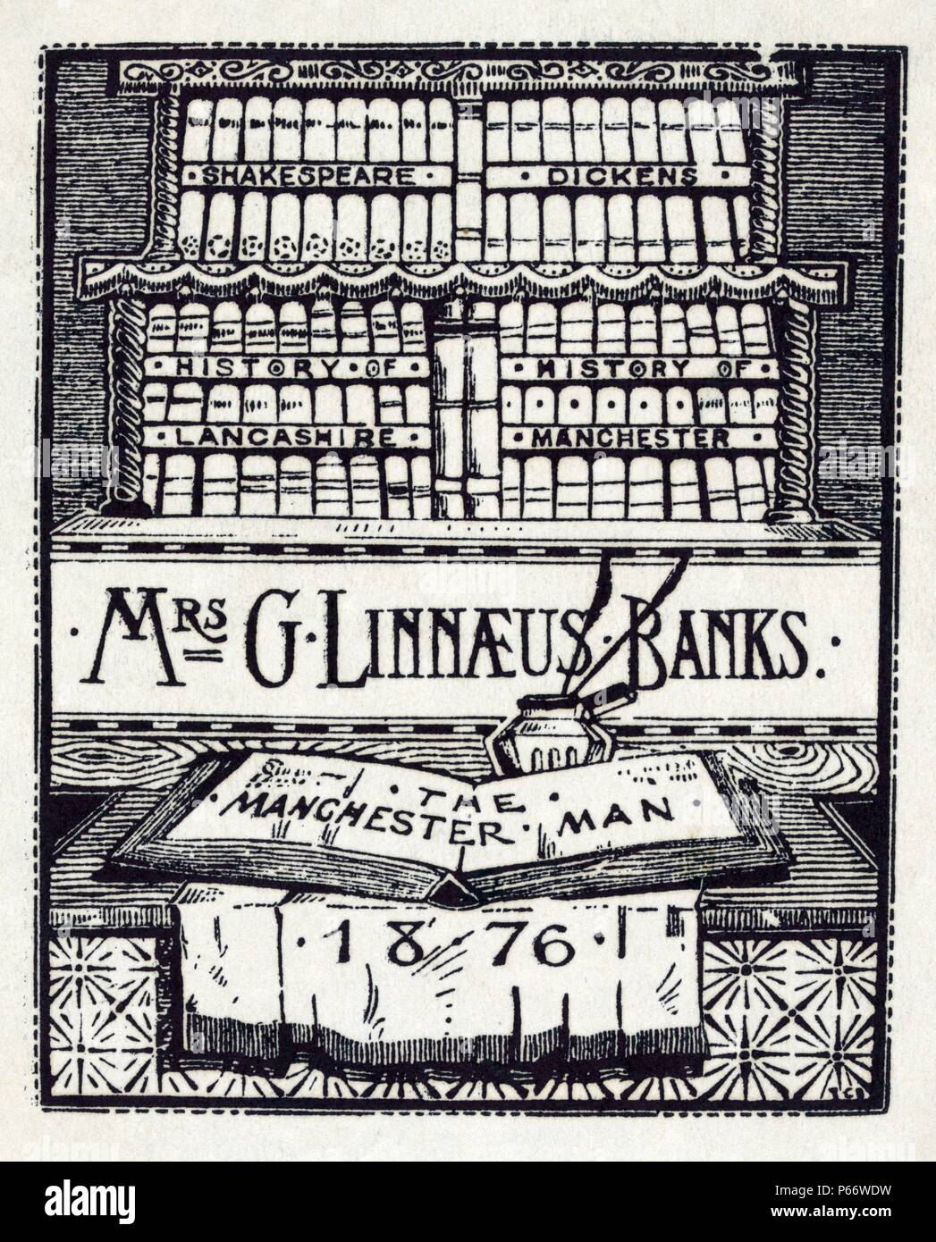 Exlibris des englischen Autor, Frau G. Linnaeus Banken Veröffentlicht 1876. Drucken zeigt Bücher in den Regalen, mit Buch Frau Bank "Die Manchester Mann" auf einem Tisch im Vordergrund geöffnet. Stockfoto