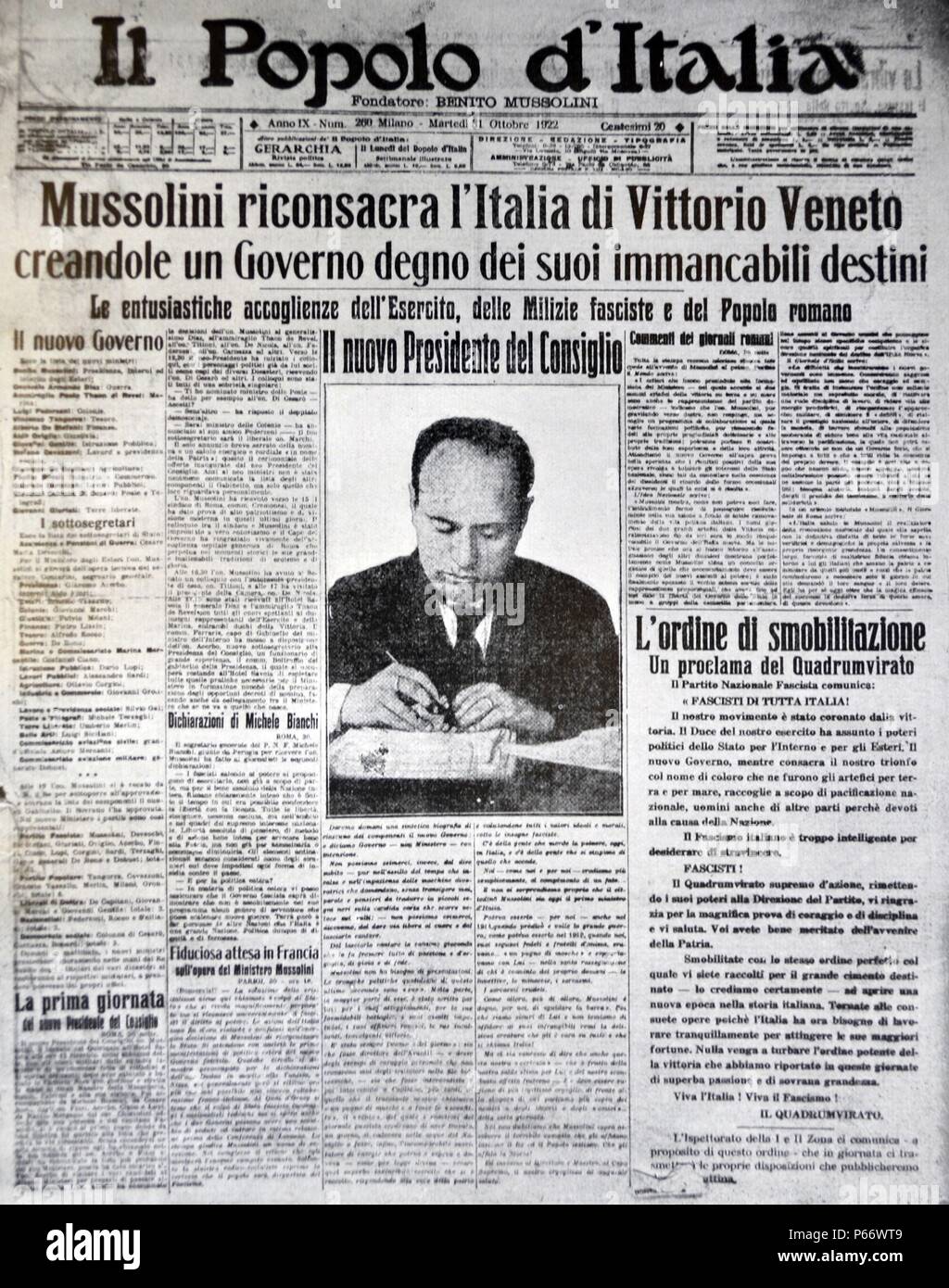 Der historische 31. Oktober 1922-Ausgabe der Zeitschrift Mussolini Stockfoto