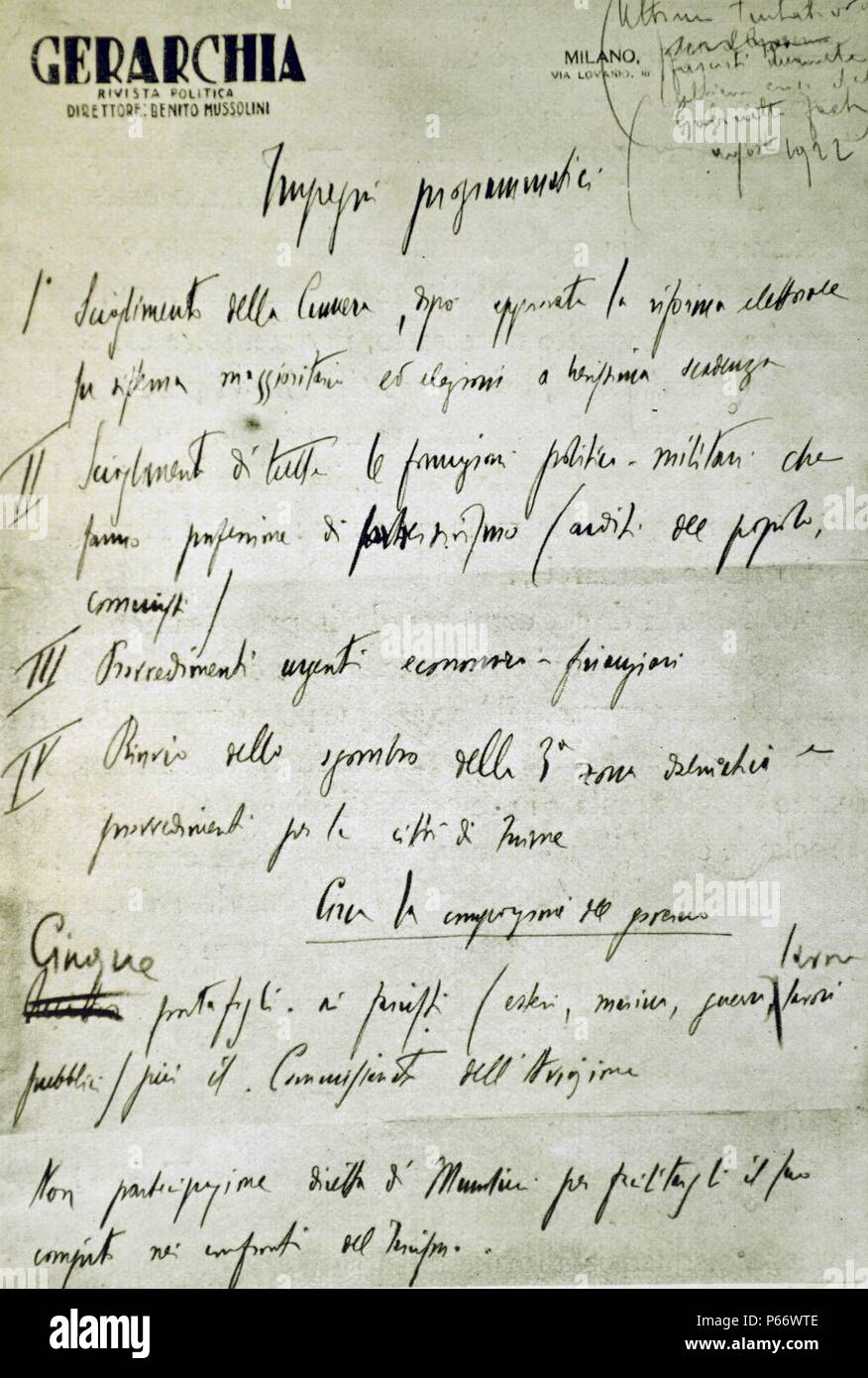 Letzter Versuch durch die Faschisten die Regierungskrise der (August 1922) "Text von Mussolini in Bleistift an der Oberseite des Dokumentes geschrieben zu lösen. Stockfoto