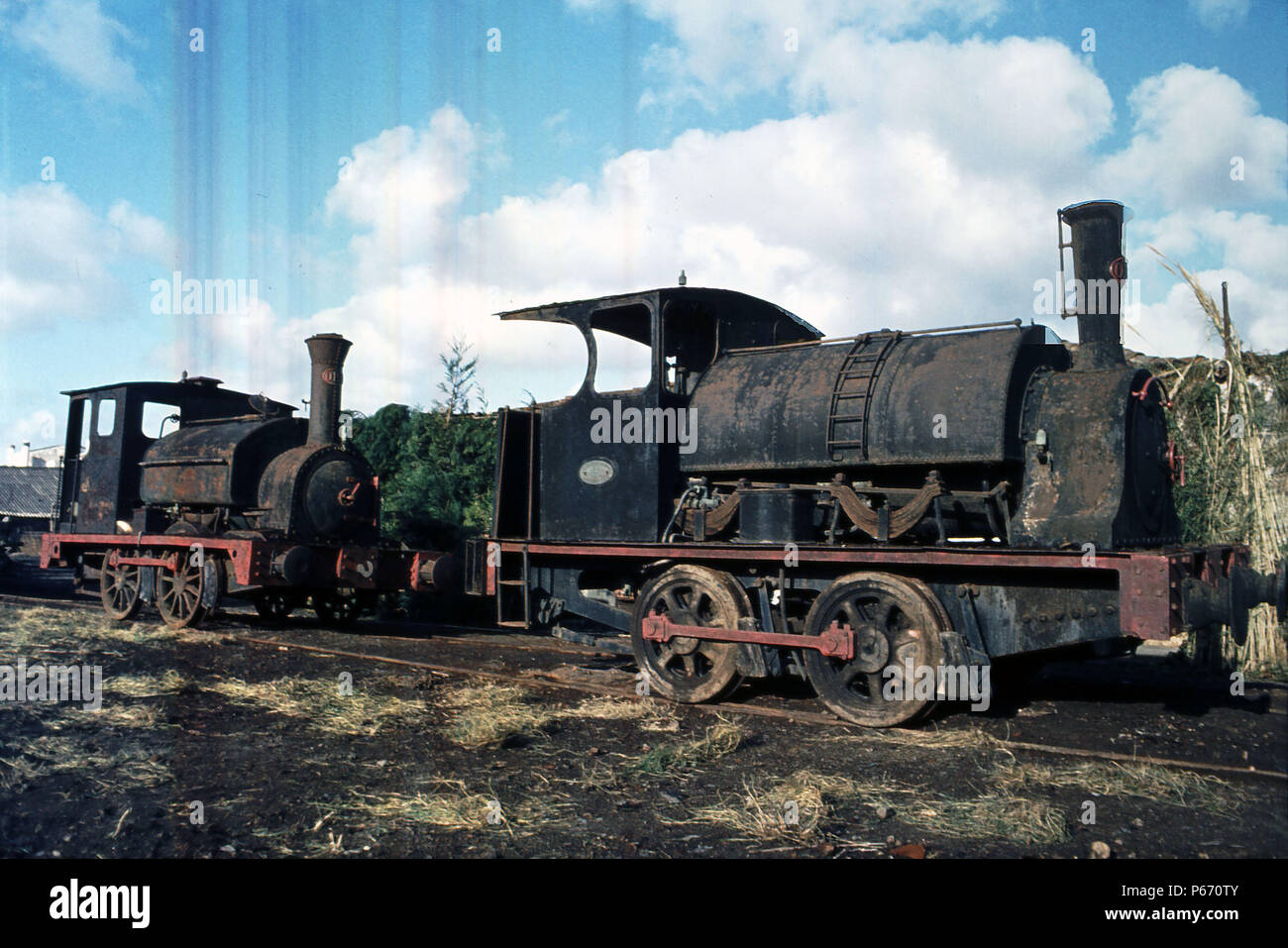 Die beiden breiten Schmalspurlokomotiven, Falcon und Weißdorn. Es ist im November 1981 getroffen. Stockfoto