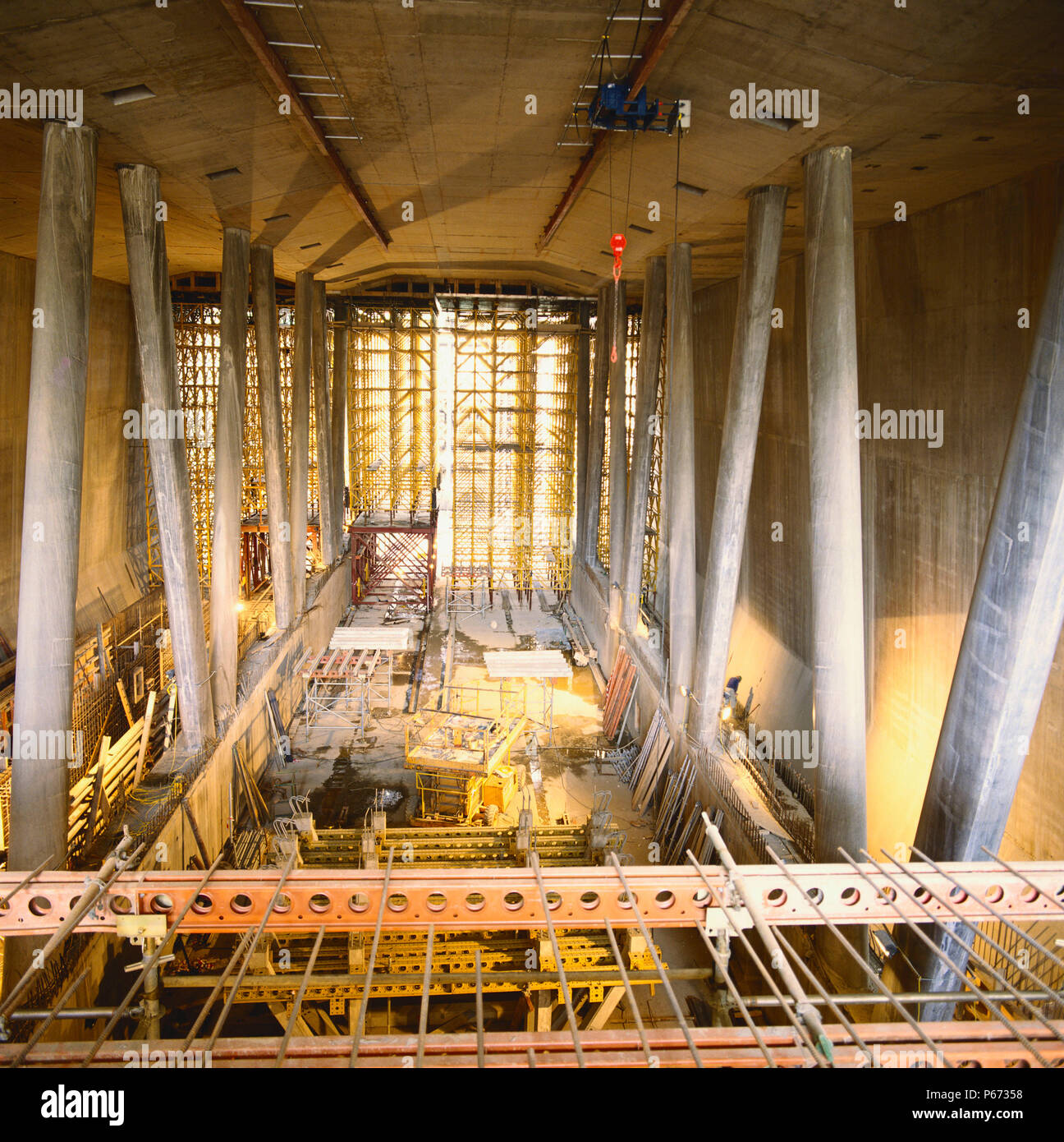 Blick auf North Greenwich Station im Bau auf der Jubilee Line Extension Stockfoto
